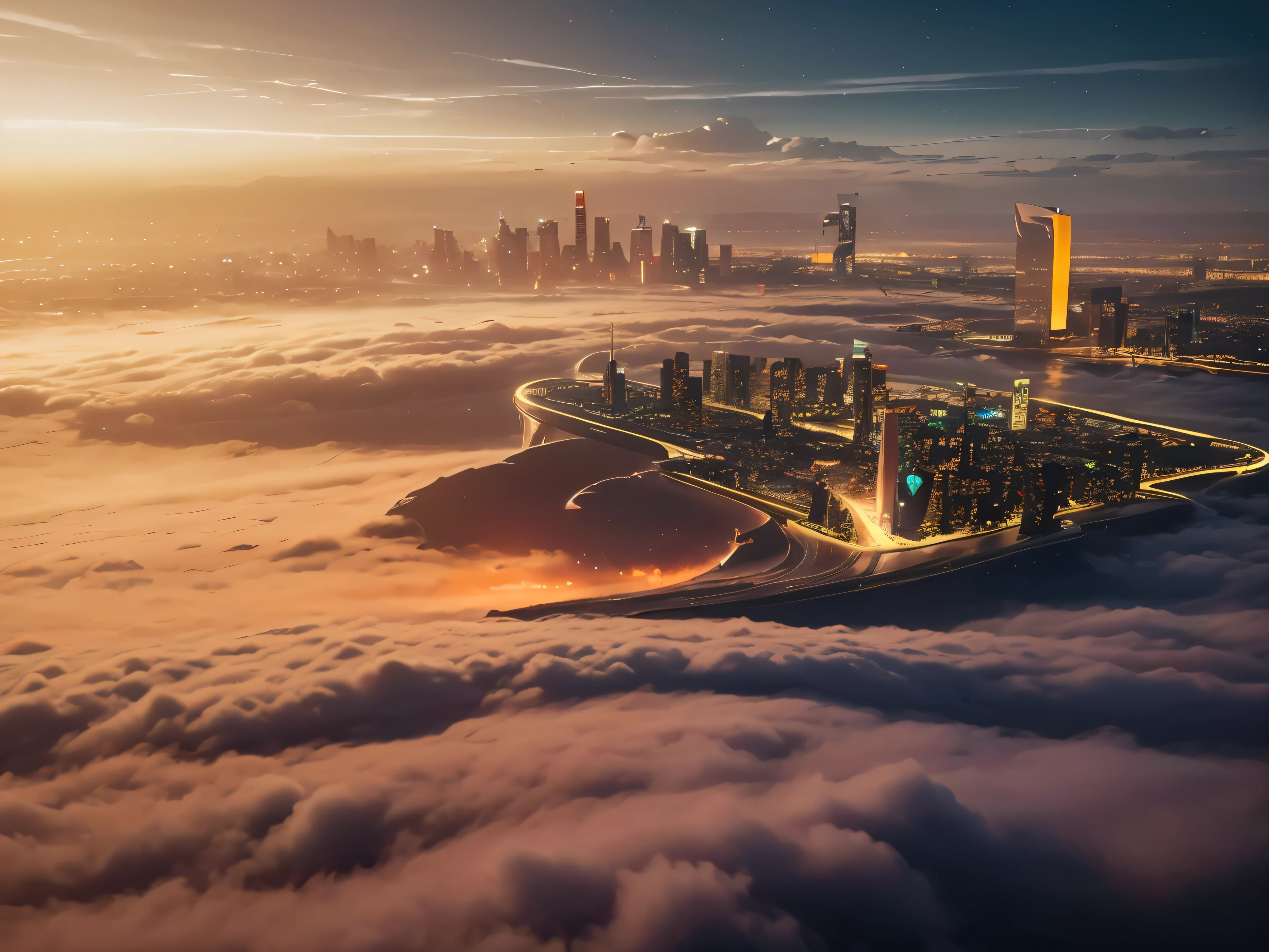 ariel view, bird's eye view of horizon (Best quality,4K,8K,A high resolution,Masterpiece:1.2),Ultra-detailed,(Realistic,Photorealistic,photo-realistic:1.37), night sky galaxy Futuristic floating cities in night , night sky, galaxy, stars and lots of clouds,Futuristic technology,Huge high-tech tablet platform, Airships,Floating in the sky,Futuristic city,Small airships around,High-tech hemispherical platforms, city floating on lots of clouds, city on top of clouds, clouds at bottom, golden yellow tones night, hot weather,city floating on desert, summer, yellow sky, yellow orange clouds late evening, hot summer, multiple cities, birds eye view, heart shaped floating city, lots of clouds, view from space. city on clouds at night