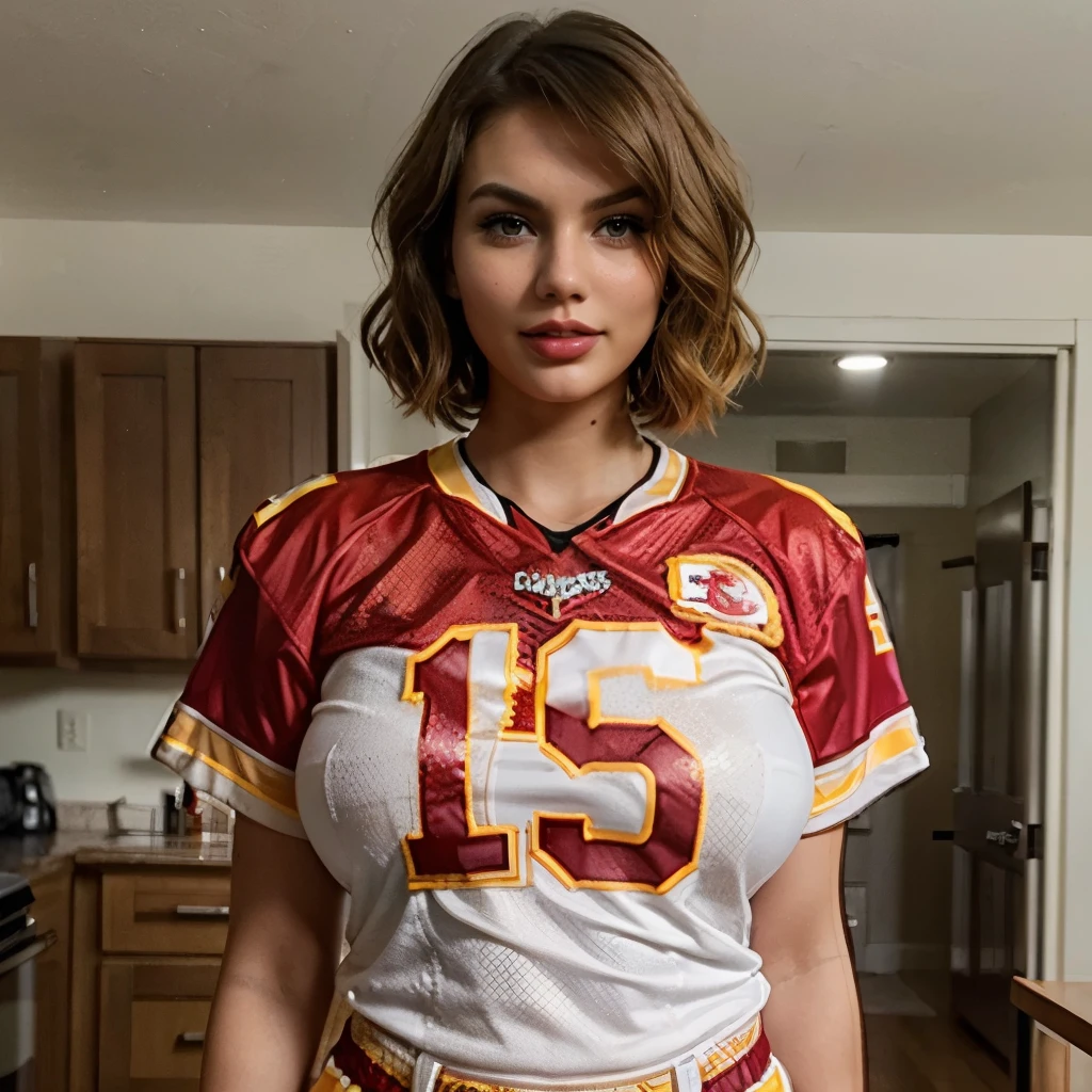 Amateur photo of a gorgeous woman teasing, looking at viewer, ((tongue out)) , sexy, plump, perfect body, (oversized american football jersey), (((kansas city chiefs jersey))), girl next door, white skin, subtle smile, lips apart, red lipstick, black eyeliner, face ( (taylorswift) | gemma chan | chubby drew barrymore | kirsten dunst ) , auburn, light brown hair, red hair, short hair, hair attached, hair bun, (hair fringe) , ((big natural breasts)) , ((long saggy breasts)) , amateur photo, iPhone X,