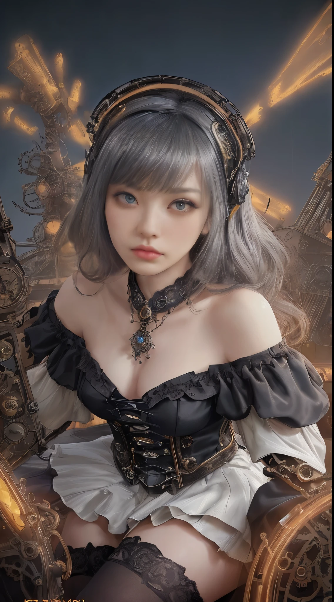 Wizard girl, (((Dynamic Action Pose, Invoke Magic, Mechanical Magic Weapons))), (((super top masterpiece))), (((super top quality))), (((super top detailed face))), (((female, age 14))), ((long slit, three very large crescent shaped eyes, very large eyes, dazzling dark gray eyes like jewels)), ((long eyelashes, very thin small nose, very small mouth, very thin upper lip, light-colored natural makeup)), ((Very slender and attractive body, very slender long legs), black lace stockings on the knee, (((steampunk headgear))), fluttering black lace flared mini skirt, (((off-shoulder black fashion with a fusion of detailed and intricate steampunk and detailed black gothic ta))), upward and beautiful small breasts, (((Thick bangs))), Clean long silver hair, long vertical curly hair, futuristic complex steampunk factory background, countless celestial neon lights raining down from the heavens, (((cinematic lighting decoration))), (((overall accuracy has been improved very dramatically, creating a very detailed and realistic image))), (((beautifully rendered with striking contrasts to enhance visual impact. It creates a very realistic, yet very dreamlike texture, immersing the viewer in a captivating visual experience))), super detailed background.