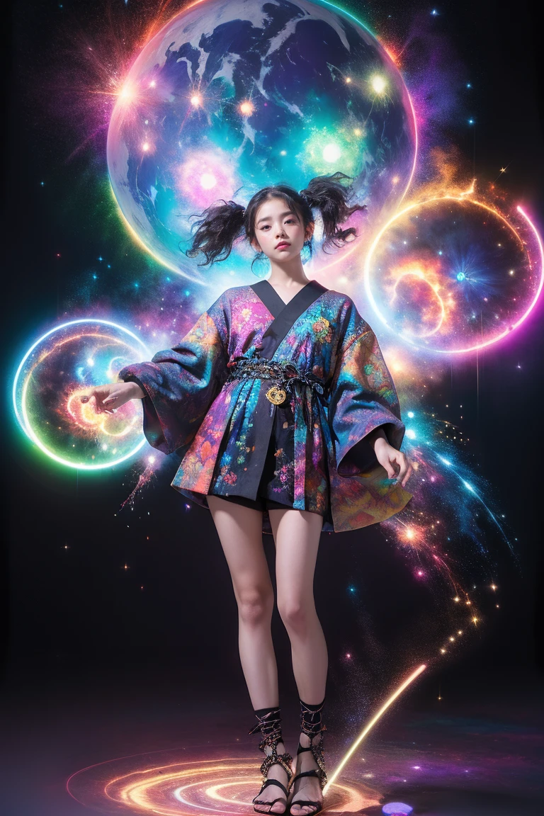 fractal nebula chain, cosmic, null, cosmic, Vibrant and vivid entities, whirlwind, spinning, unrealistic, high contrast, symbolism, magic, mystery的な, mystery, surreal, supersaturation, colorful, 8K、1girl,Woman in Japanese clothes、Zori sandals、laser beam from hand