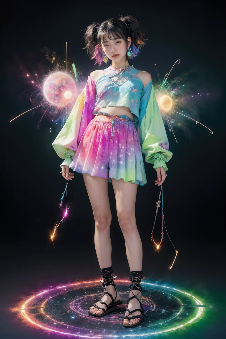 fractal nebula chain, cosmic, null, cosmic, Vibrant and vivid entities, whirlwind, spinning, unrealistic, high contrast, symbolism, magic, mystery的な, mystery, surreal, supersaturation, colorful, 8K、1girl,Woman in Japanese clothes、Zori sandals、laser beam from hand