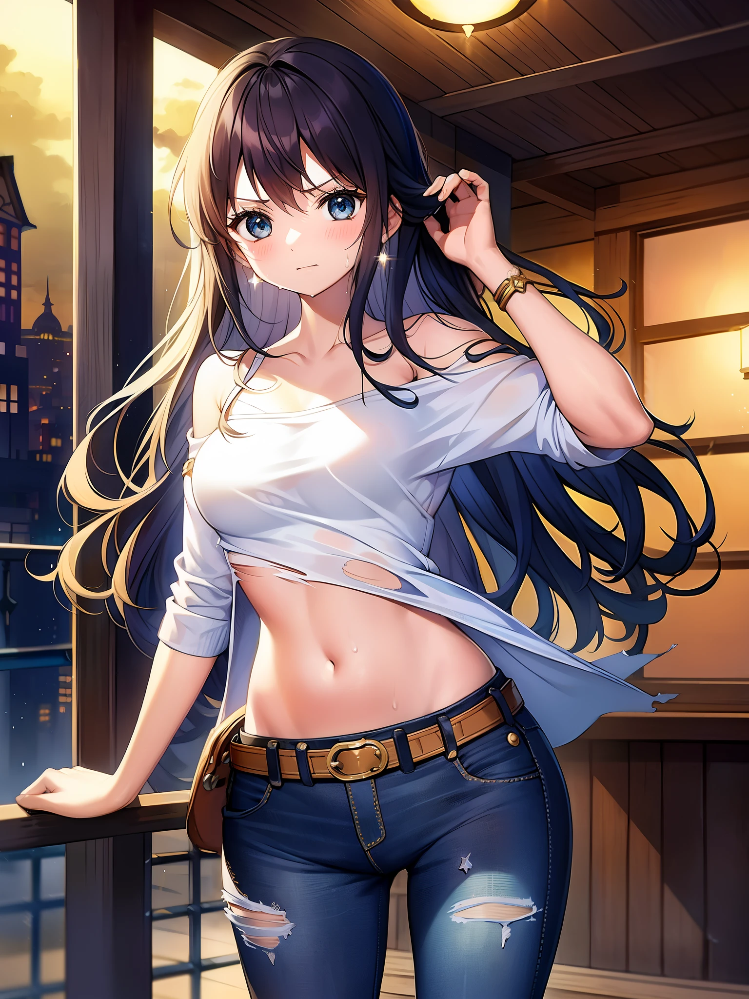 Starry Sky Rin、highest quality、(beautiful)、1 girl、physically based rendering、ultra high resolution、(cowboy shot:1.5)、constriction、skinny、Big eyes、long legs、ripped jeans、leather belt、small breasts、puffy eyes、leather belt、(City of Rains)、Shiny skin、Facing the front、Winning attitude、(abdomen:0.7)、sweating、scattering sweat drops、Torn tops、off shoulder、(torn clothes:1.3)