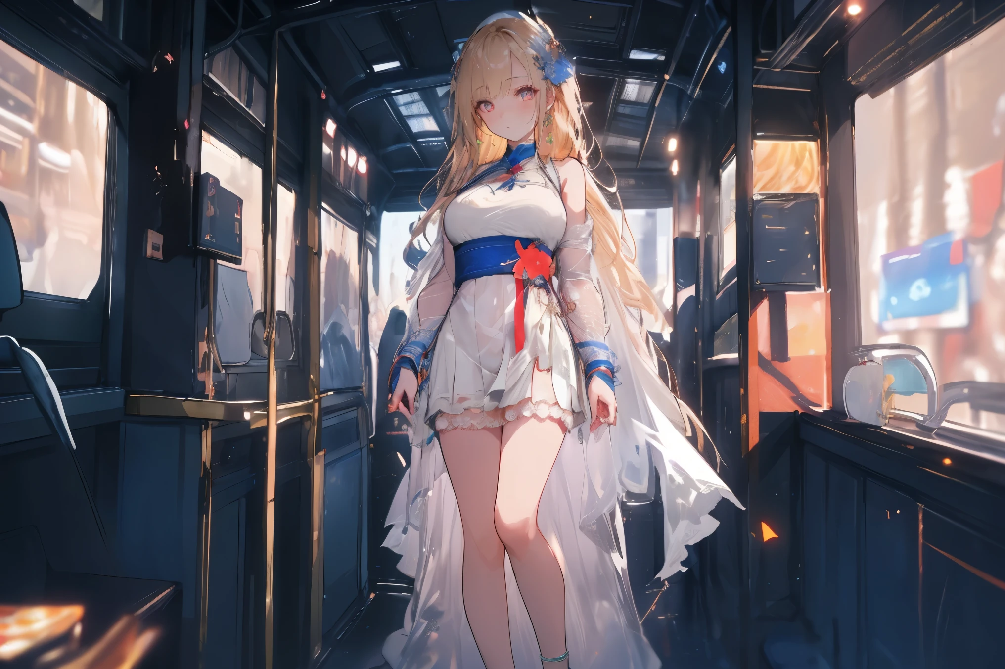 ((masterpiece)), ((best quality)), 8k, HD, Super details, (Miss), (White dress with gold trim), (The blonde hair shawl was scattered), (Two eyes like gems，blue and red) (sleeping in the car 1.6) (Full body display 1.4) 艺术品是一件masterpiece, 具有最好的品质和Super details, captured in 8k HD. Photographic actual, actual, very detailed illustrations actual, octane rendering