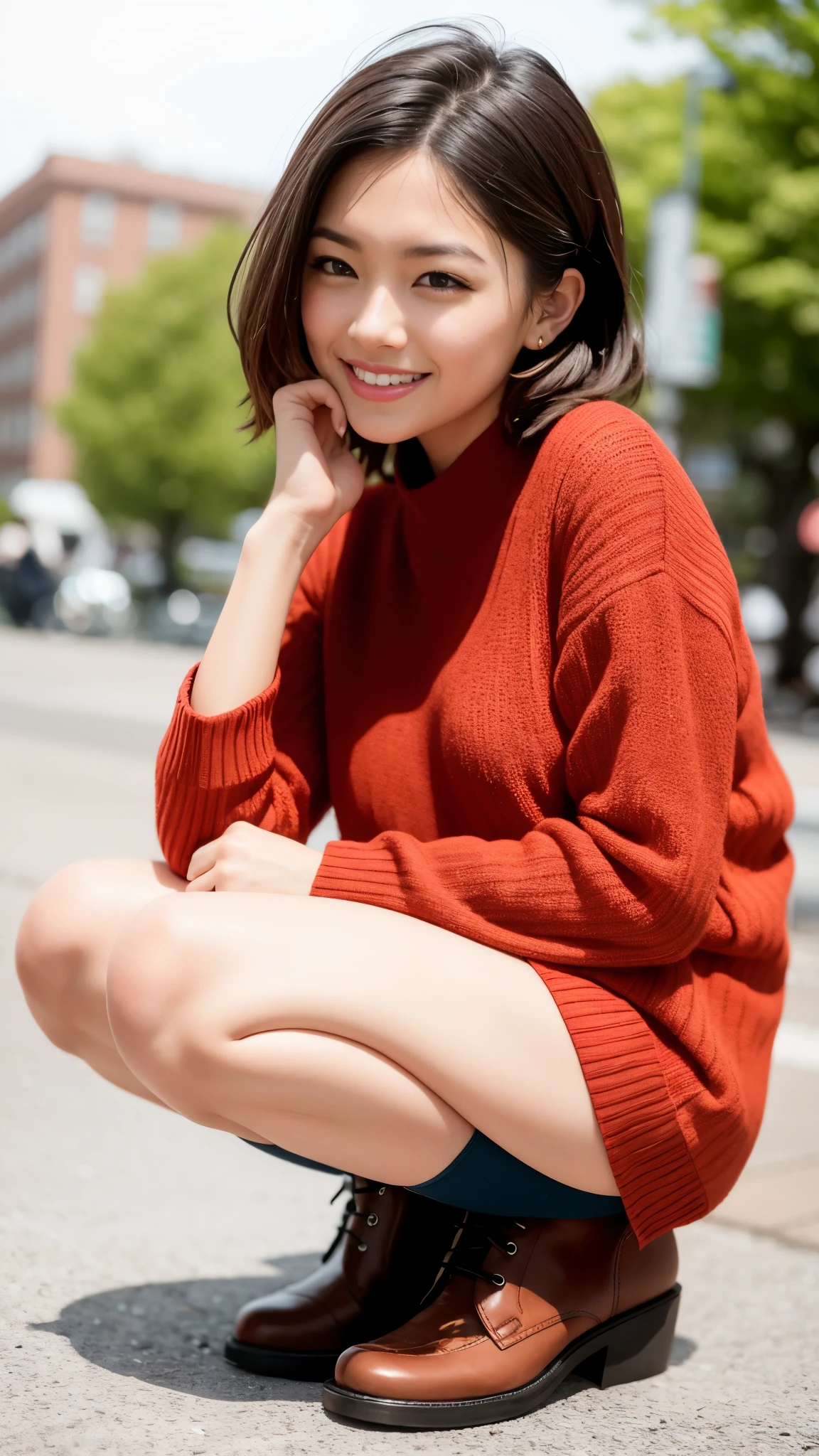 Photo taken by a professional photographer,laughter:1.5,Close-up of a woman squatting on the sidewalk, wearing a sweater, Short-cut brown hair, hair is disheveled,young and cute girl, Wearing a super super super super super super super mini skirt:1.5,Wear stylish boots,sit on a park bench:1.5,Fancy makeup with red eyeshadow,Beautiful thighs are visible,I can see white panties,