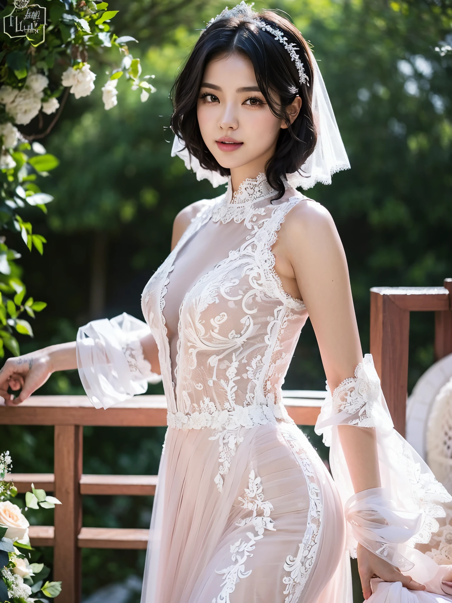 photo, photo realistic, (photorealistic:1.4), best quality, high quality, 4K, RAW, masterpiece, realistic lightning, beautiful face,
1girl, solo, (18 years old), (japanese:1.3), gravure idol, (medium breasts),
black hair, (short hair:1.2), (wavy hair:1.2),
((light) pink lips:1.3), closed mouth, (smiling:0.8),
(bride:1.2), ((white:1.4, lace) wedding dress:1.2), wedding veil,
looking at viewer, (upper body), (beautiful arms:1.2), (front view),
BRAKE,
(outdoors:1.4),