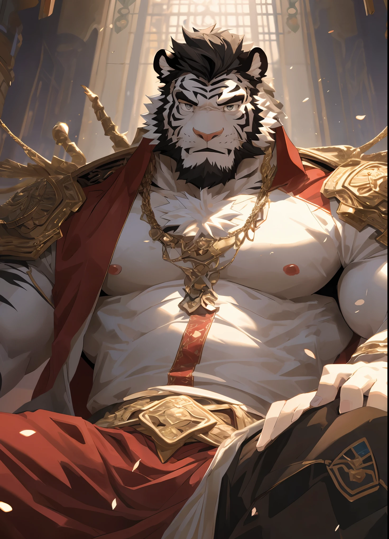 Extreme perspective and powerful composition, (super detailed), sharp focus, Genji, Eye, black Eye, hairy, white fur, Black and white fur, Blackbeard, black hair,human nature (White Tiger), male, middle aged, white body, white belly, muscular, super detailed face, (delicate Eye), 1 boy, in a magnificent palace,(Spring coupling in hand(1.6)),red clothes,(disheveled 1.4),(1.2)motion blur, (best quality), (masterpiece), high detail, high quality, Award-winning, high resolution, HD,