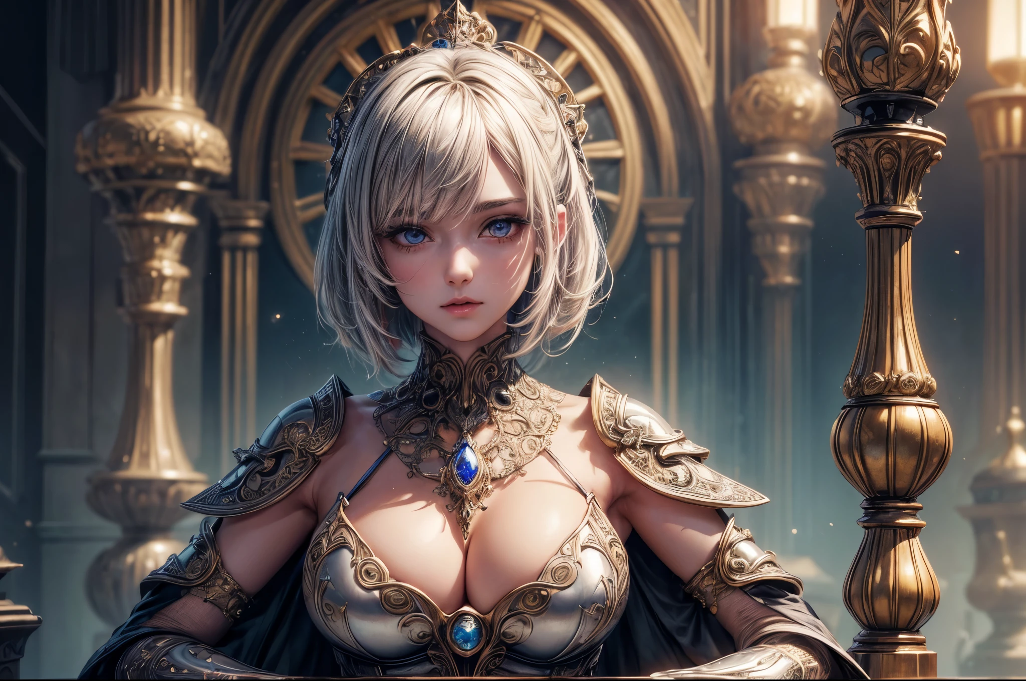 ((Best quality)), ((masterpiece)), ((highly intricate details)),beautiful, high quality, highres, absurdres, light difussion, intricate details, complex details, ((anime)), (anime:1.2) , (perfect face:1.3), extreme detailed eyes, colorful, highest detailed, vibrant colors, high contrast, (8K UHD:1.2), (photorealistic:1.2),(masterpiece:1.4), (best quality:1.4), realistic,medium breast.masterpiece, high quality, 3d, 8k cg, intricate details, detailed background, sacred. ornaments, byDylanKowalski, ((1girl)), upper body, muscular, skindentation, looking to the side, short hair, prosthesis, mechanical arms, synthetic skin, porcelain, pearl, holographic, titanium, diamond, ruby, sapphire, gemstones, clockwork, grunge, worn edges, armor,