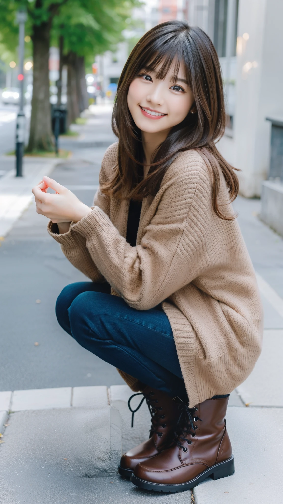 Photo taken by a professional photographer,laughter:1.5,Close-up of a woman squatting on the sidewalk, wearing a sweater, Short-cut brown hair, hair is disheveled,young and cute girl, Wearing a super super super super super super super mini skirt:1.5,Wear stylish boots,sit on a park bench:1.5,Fancy makeup with red eyeshadow,Beautiful thighs are visible,