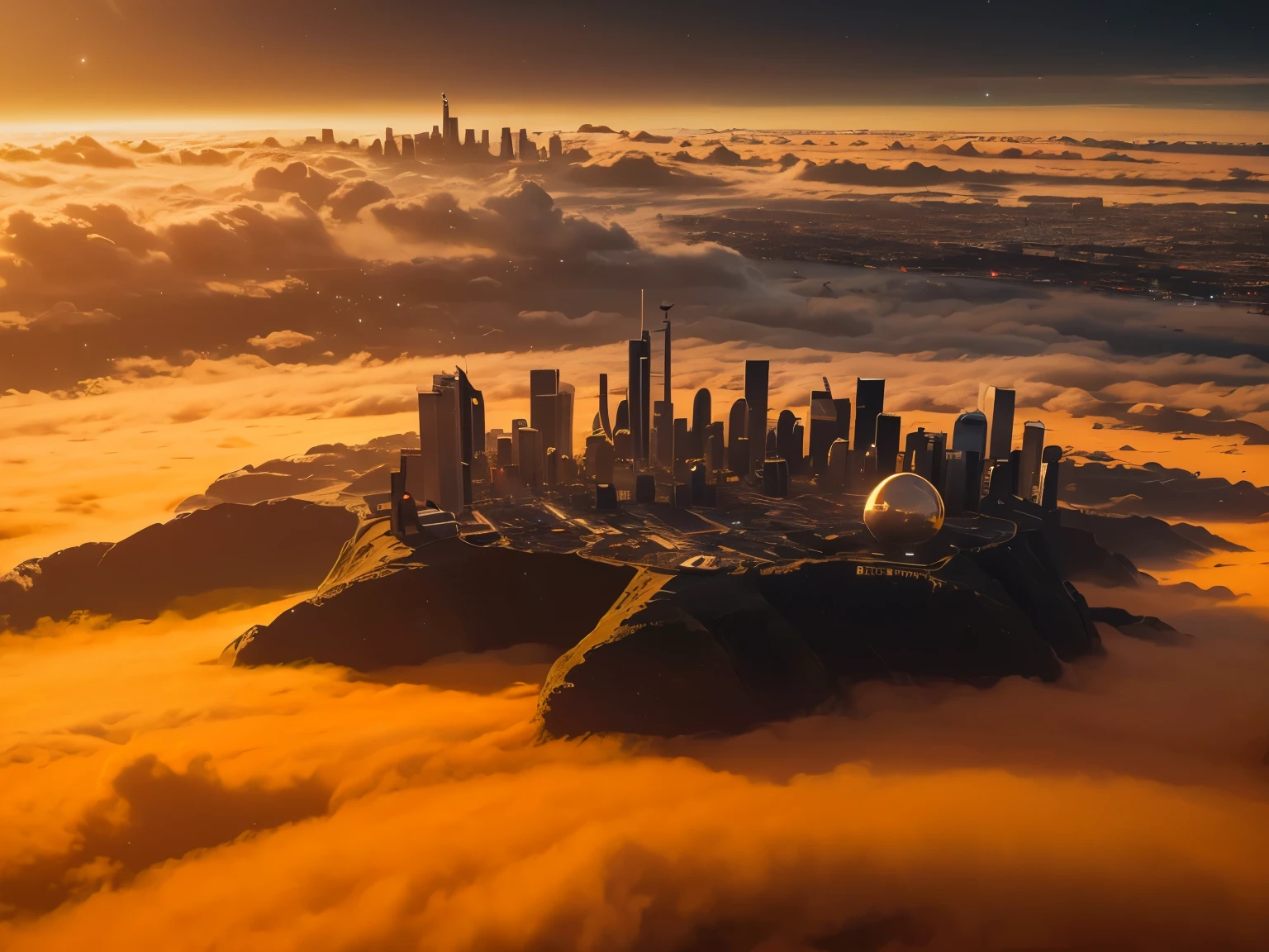 ariel view, bird's eye view of horizon (Best quality,4K,8K,A high resolution,Masterpiece:1.2),Ultra-detailed,(Realistic,Photorealistic,photo-realistic:1.37), dark night sky galaxy Futuristic floating cities in night , night sky, galaxy, stars and lots of clouds,Futuristic technology,Huge  high-tech tablet platform, Airships,Floating in the sky,Futuristic city,Small airships around,High-tech hemispherical platforms, city floating on lots of clouds, city on top of clouds,  clouds at bottom, golden yellow tones night, hot weather,city floating on desert, summer, yellow sky, yellow orange clouds late evening, starry night  hot summer, multiple cities, birds eye view, heart shaped floating city, lots of clouds, view from space. city on clouds at dark night, stars visible