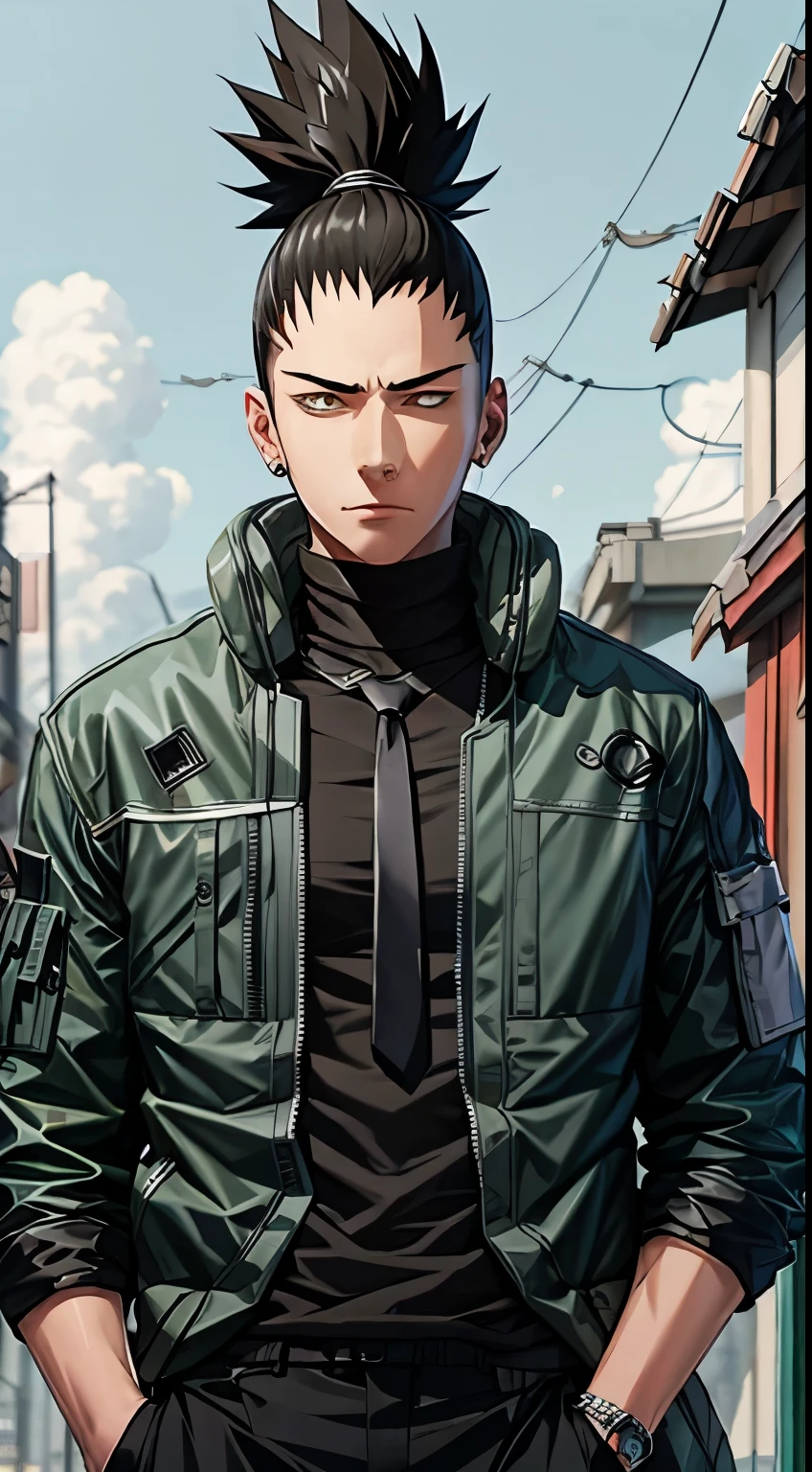 Masterpiece, 1boy, Superb Style, cyberpunk style, Streetwear clothes, Outdoor, Upper Body, Shikamaru nara, bright eyes, black hair, cool boy