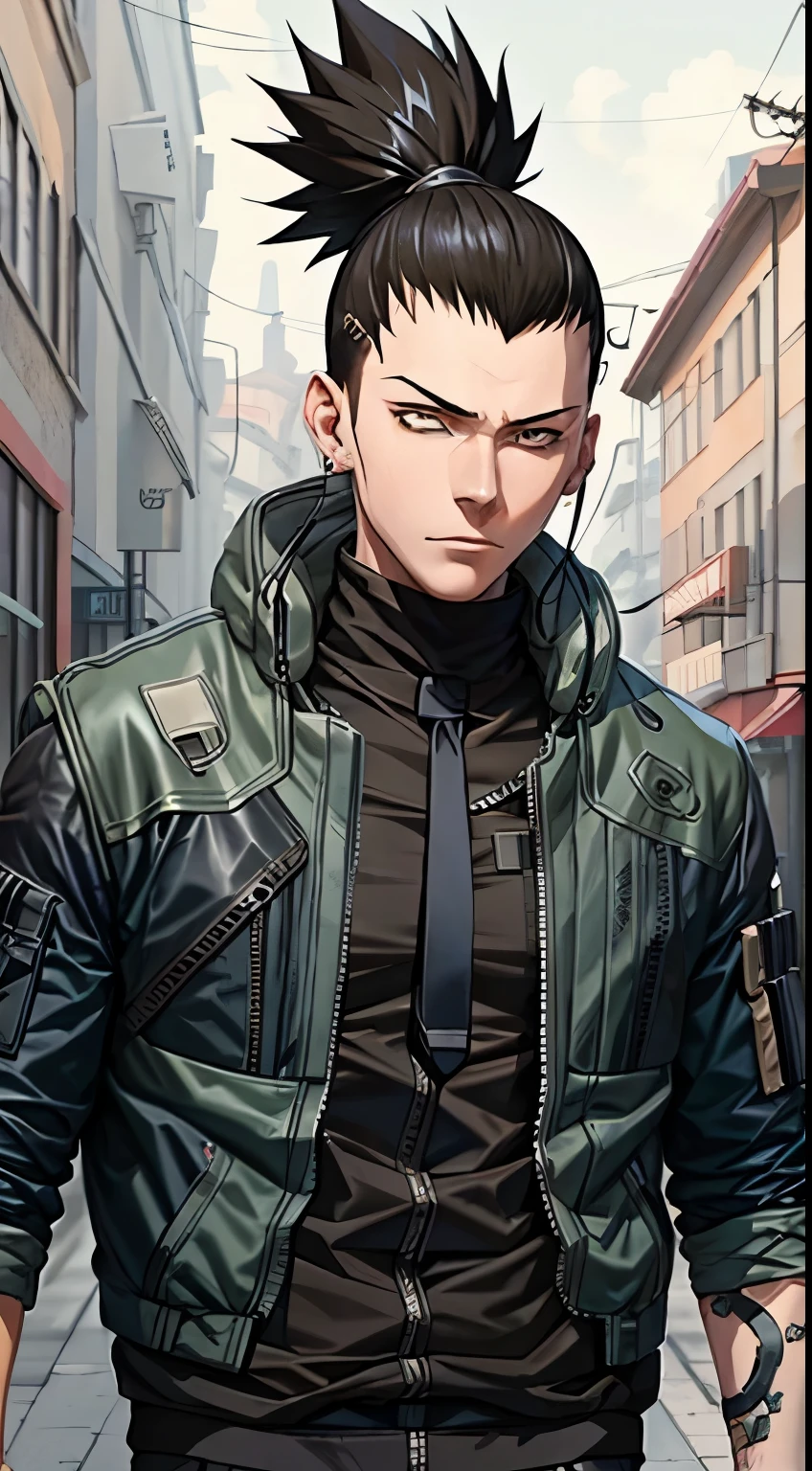 Masterpiece, 1boy, Superb Style, cyberpunk style, Streetwear clothes, Outdoor, Upper Body, Shikamaru nara, bright eyes, black hair, cool boy