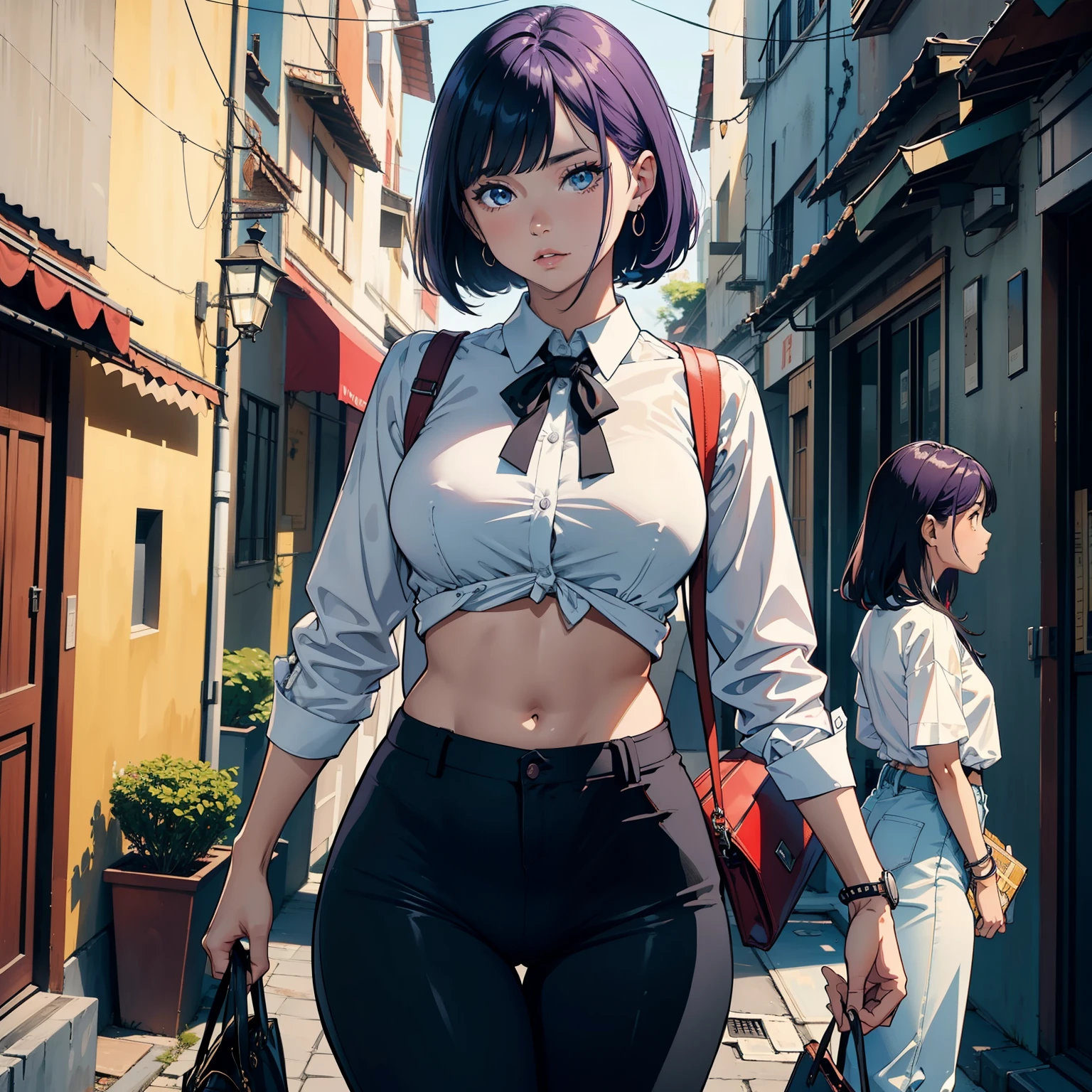 corpo bonito, rosto bonito, 3 garotas juntas, garota mais velha, cabelo roxo claro, olhos, Neck strap, ombros, CAMISA BRANCA COM GRAVATA, SAIA CURTA, half pants, peito grande, barriga, cintura fina, pernas grossas, coxa grossas, random background scenario, olhando para telespectador