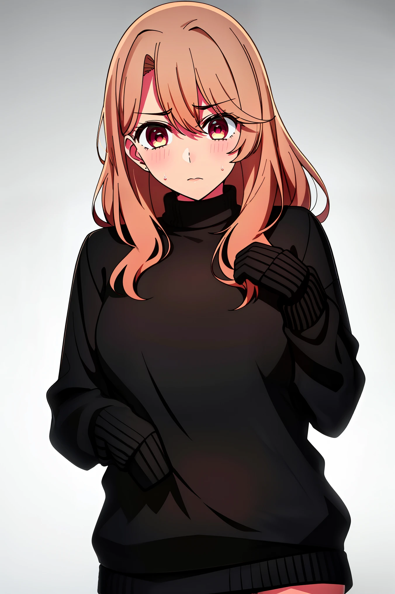 1 girl, sweater, underwear, black underwear, High quality, embarrassed, hiding her underwear by pulling the sweater, beautiful, detailed eyes, febric 