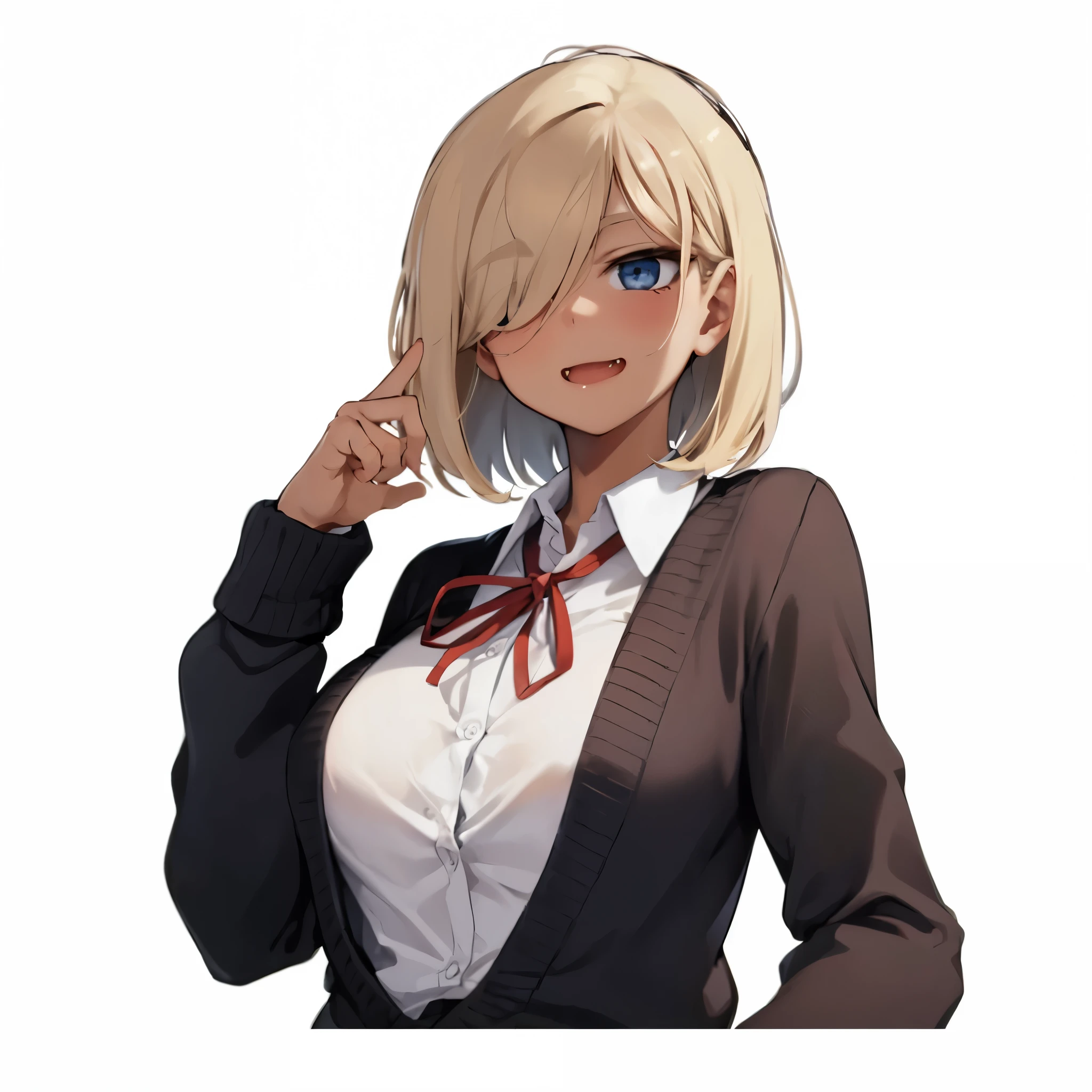 (smug:1.3), open mouth,
Break, Head tilt, standing, solo, Upper body
,BREAK,gal,1Girl, jitome, blue eyes, hair over one eye, large breasts
BREAK, chocolate brown skin, dark skin, tan
BREAK, blonde hair, bob cut
BREAK ,School Uniforms,sleeves past wrists, check skirt ,brown cardigan is fit body,inner wear is white collared-shirt, unbuttoned, BREAK, uniform red ribbon,