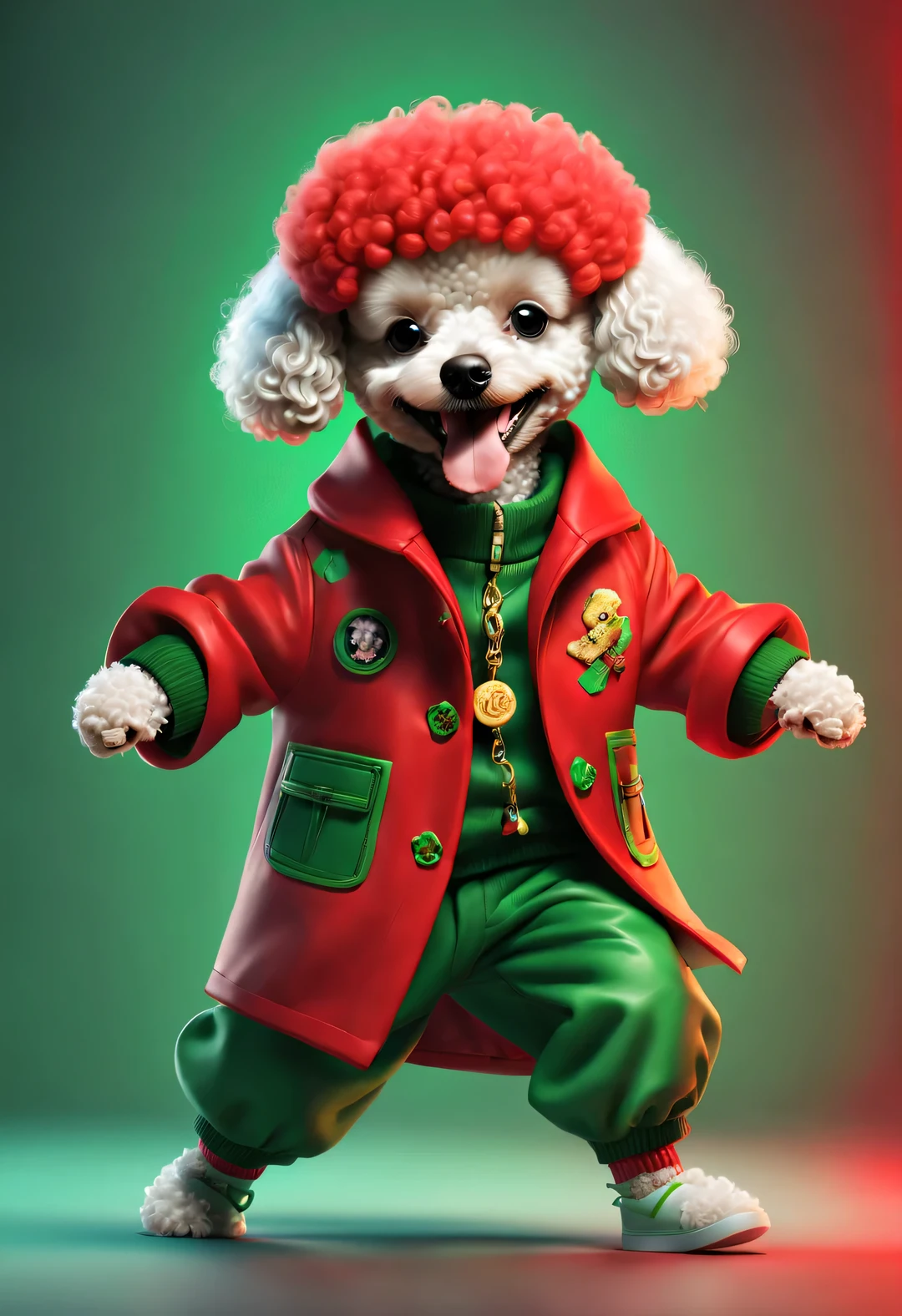 Poodle from space,Wearing a Chinese red and green coat,smile and dance,Extremely funny hip-hop,punk,,Concept Design, character table