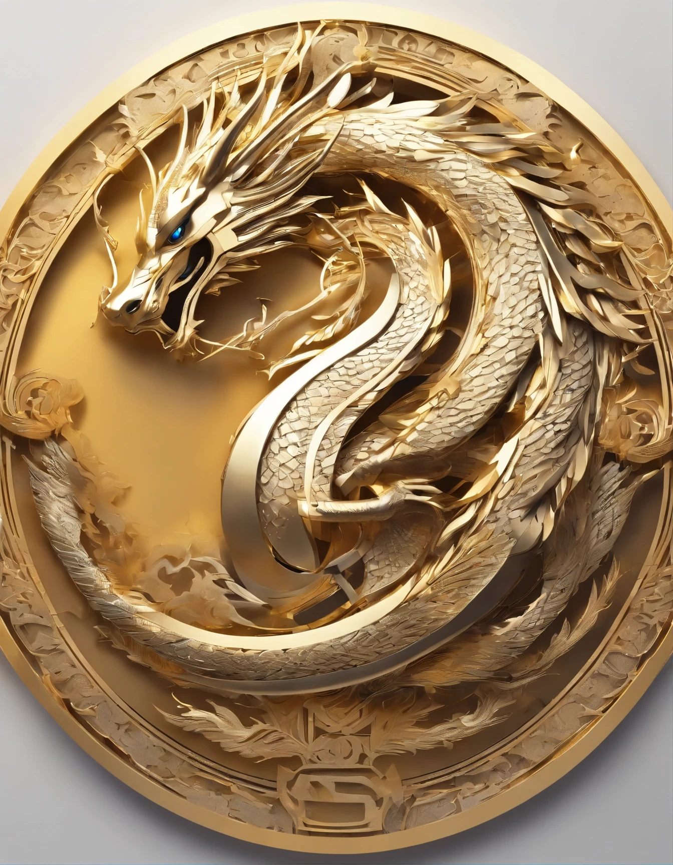 A logo、masterpiece、Gold background、Chinese Dragon、Deities々Halo、the wind、Deities、long wavy body、tusk、The upper part of the body、Fantasia、myth、hightquality、ighly detailed、Particle effect、Dynamic effects