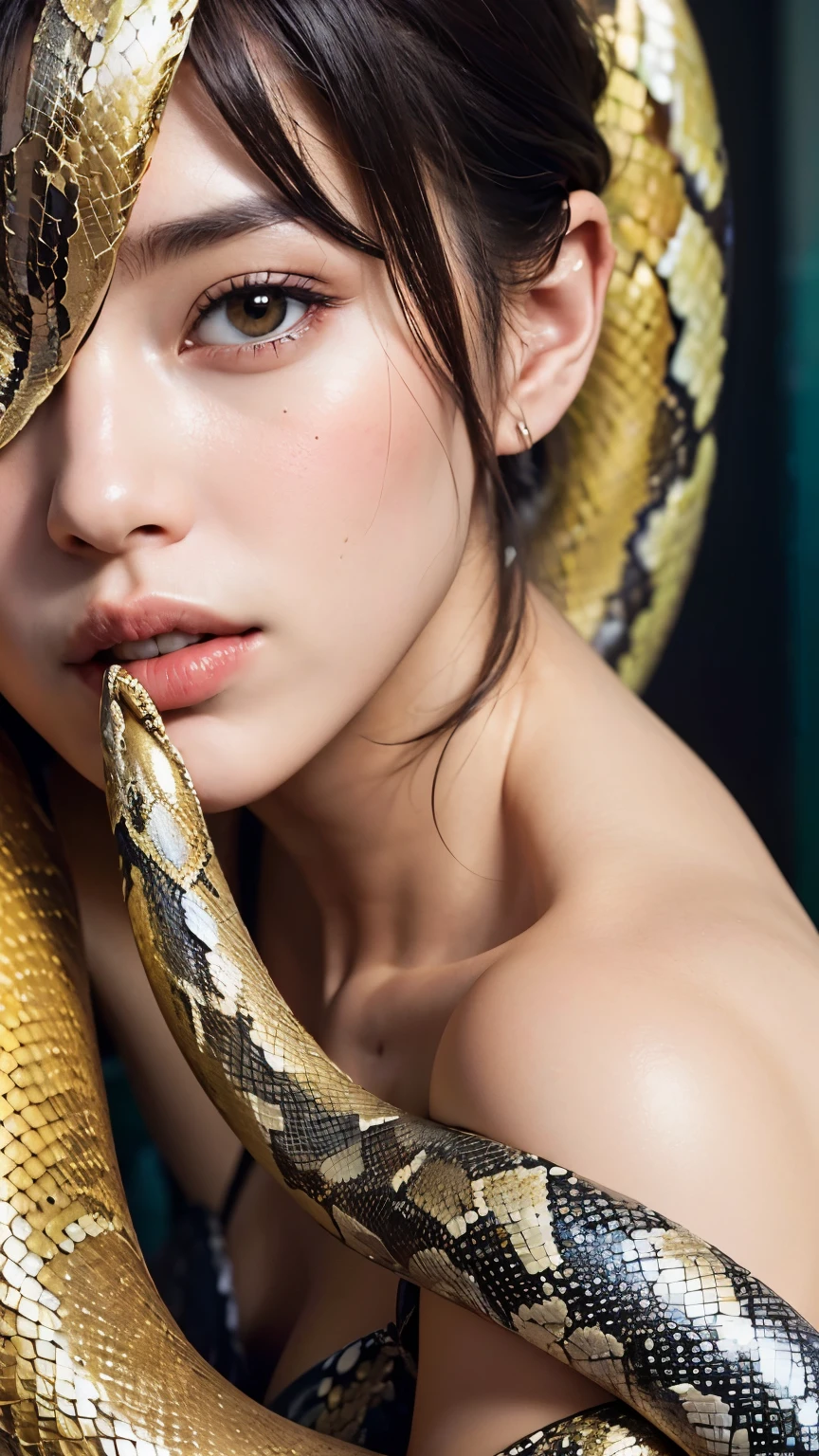 Dark environment，A beautiful woman with golden scales on her body，(mermaid:1.2), (Snake tail:1.3)，8K  UHD，RAW photo，A snake woman，（Python pattern），（snake man），(Crystal clear golden scales)，(Real Human:1.3)，(A high resolution:1.4)，(A detailed:1.5)，(photorealestic:1.7)，RAW photo，Portrait Photogram，Realistic scales，cabellos largos dorados，Skin is delicate and smooth，Full breasts，nakeness，（Lamia），RAW photo，超A high resolution，Foto realism，best qualtiy，(highdetailskin，skin detailed)，Visible Pore，Shiny skin，tmasterpiece，finedetail，Colorization，Extremely Delicately Beautiful，Extremely detailed 8k wallpaper，8K high quality，Digital SLR，Snake man with beautiful details，(looking at viewert)，professional photograph lighting，Faraway view，full bodyesbian，in a panoramic view,full-body shot 