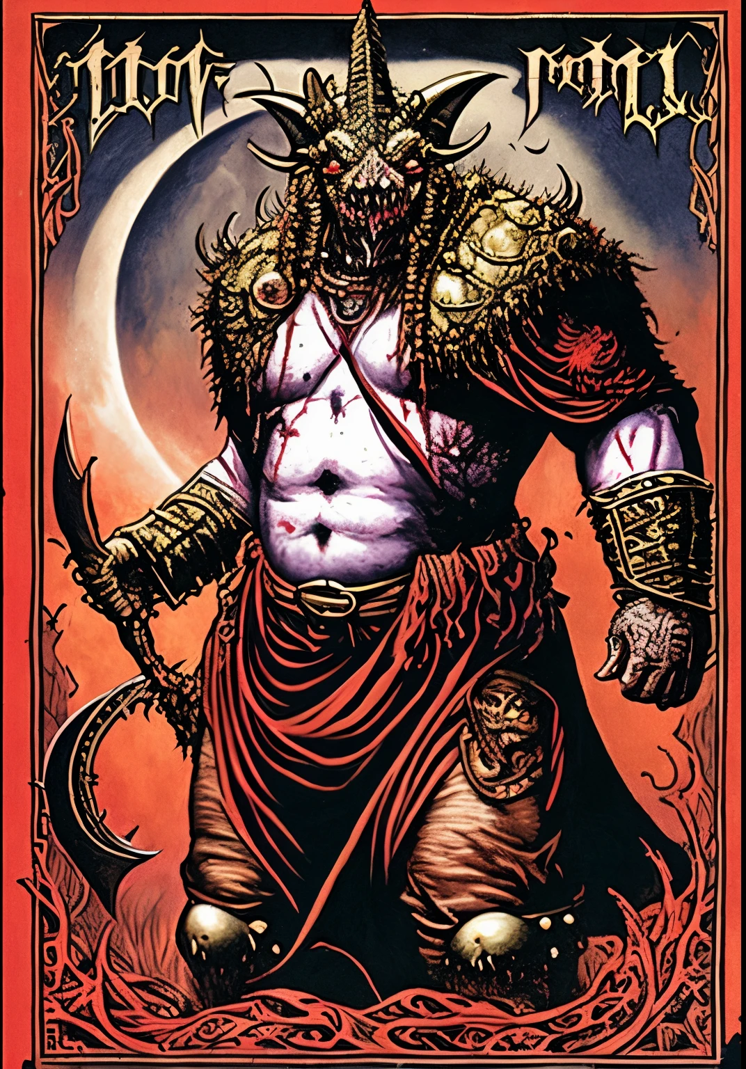 uma revista com a foto de um monstro, Manual do Monstro entry, fiend folio, cacodemon, Corpo - Horror, corpo-horror, Manual do Monstro, cicatrizado! d&d, ork, ensanguentado, demonic! compedium!, fat and ripped satanic creature, dorohedoro, carnudo - ciborgue - zumbi, Bodyhorror, horror corporal
