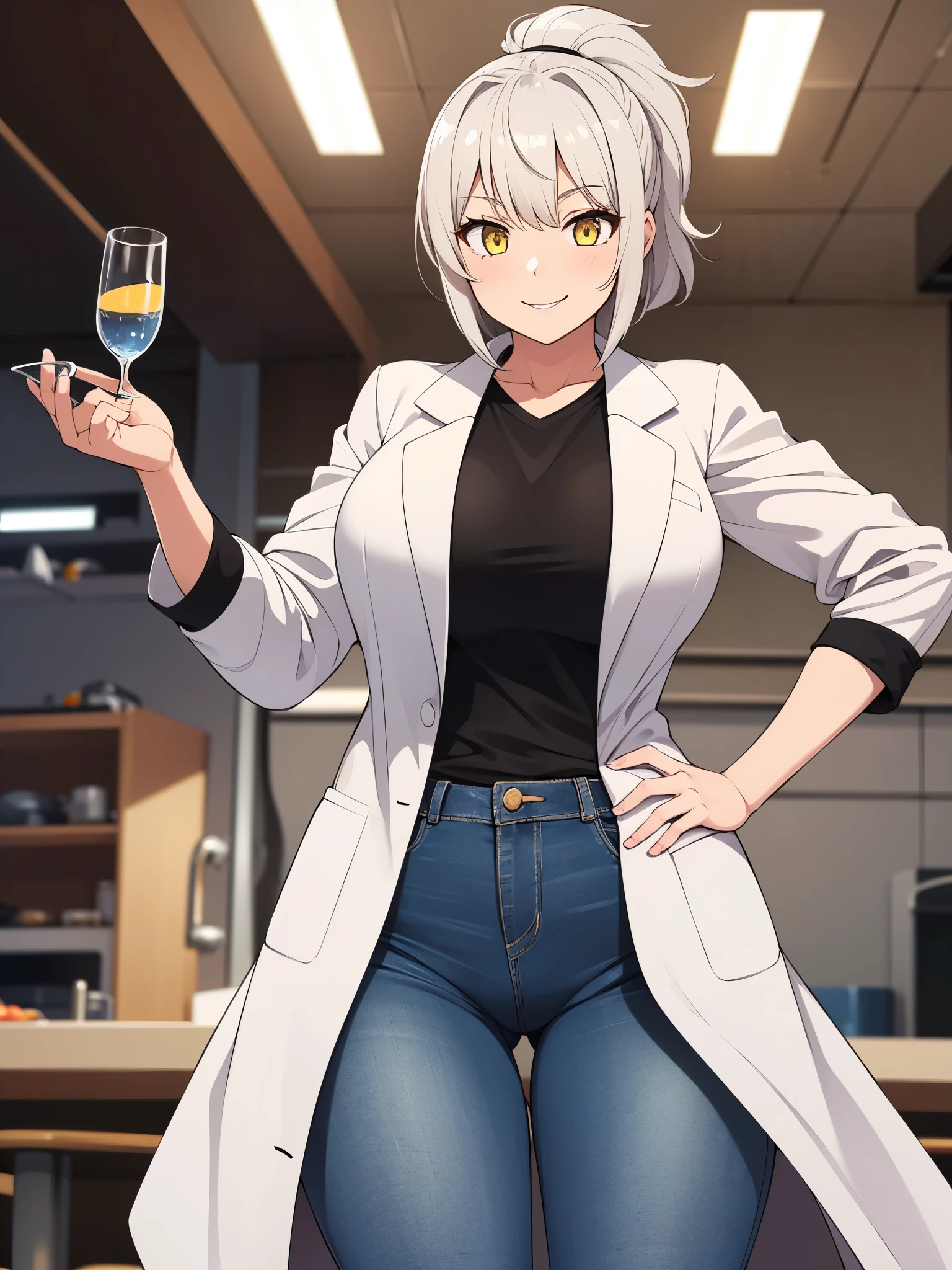Masterpiece, high quality, best quality, beautiful, perfect lighting, detailed face, detailed body, ((1girl)), ((solo)), ((silver hair)), medium hair, ponytail, (messy hair), yellow eyes, looking at viewer, smile, (excited), happy, black shirt, jeans, (lab coat), medium breasts, perky breasts, wide hips, thick thighs, ((lab)), she is holding a glass beaker, hand on hip