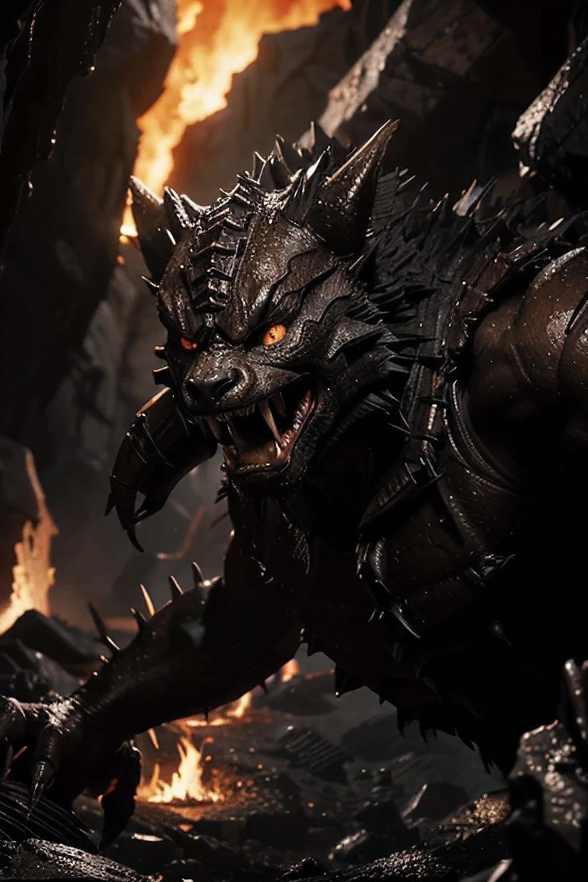 Humanoid creature, glowing eyes, sharp teeth, angry face, big claws, spikes around the body, no hair