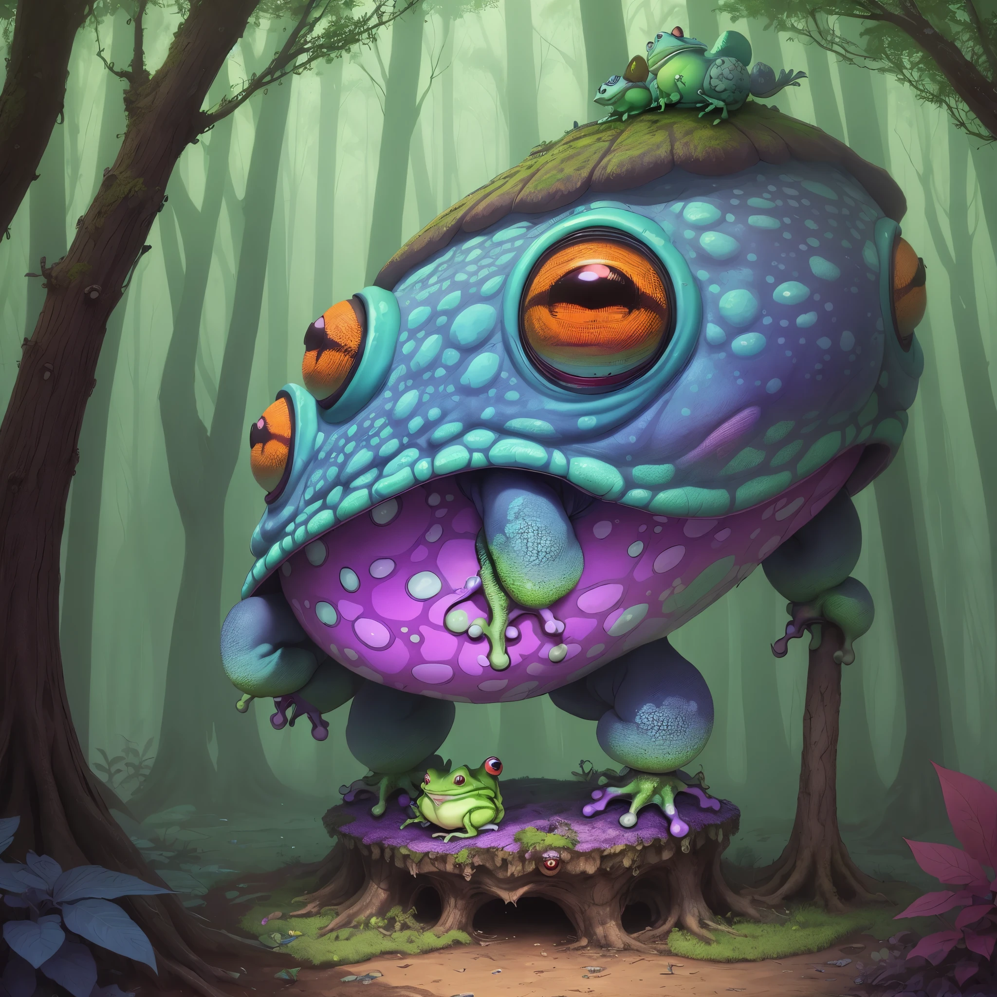 (A creepy toad, enormous, brightly colored, tentacle tongue) stalks through an ancient forest