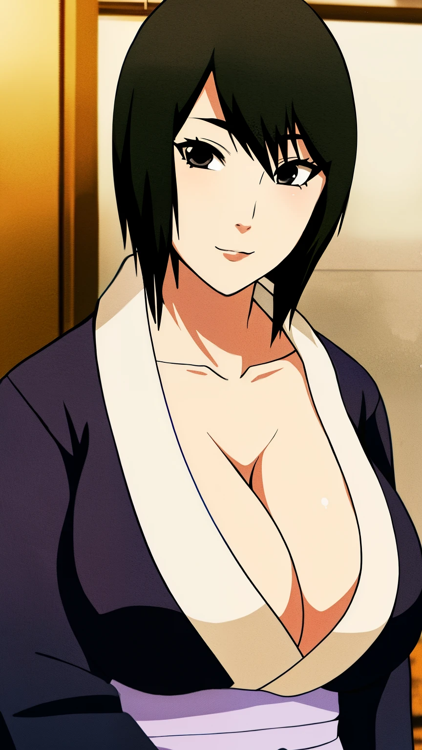 shizune_naruto, huge_breasts, standing, solo, Black_Kimono_Obi_Fishnet_top, masterpiece, best quality, detailed face, detailed eyes, highres,