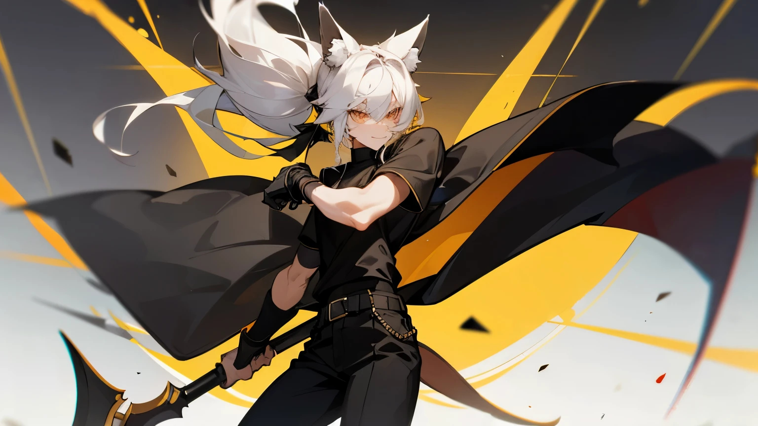 Male, mature adult, black pants, black attire, fluffy coat, somewhat tight shirt, short sleeves, broad shoulders, black and gold belt, short and fluffy hair, white hair, long double pigtail bangs, fox ears, fox tail, fluffy tail, only one tail, cocky smile, simple background, bands on wrist, strong and toned body, mature face, thin eyes, wielding scythe