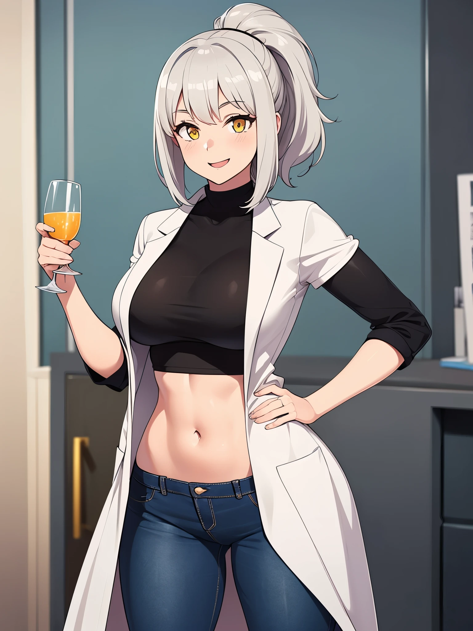 Masterpiece, high quality, best quality, beautiful, perfect lighting, detailed face, detailed body, ((1girl)), ((solo)), ((silver hair)), medium hair, ponytail, (messy hair), yellow eyes, looking at viewer, smile, (excited), happy, black shirt, jeans, (lab coat), medium breasts, perky breasts, wide hips, thick thighs, ((lab)), she is holding a glass beaker, hand on hip