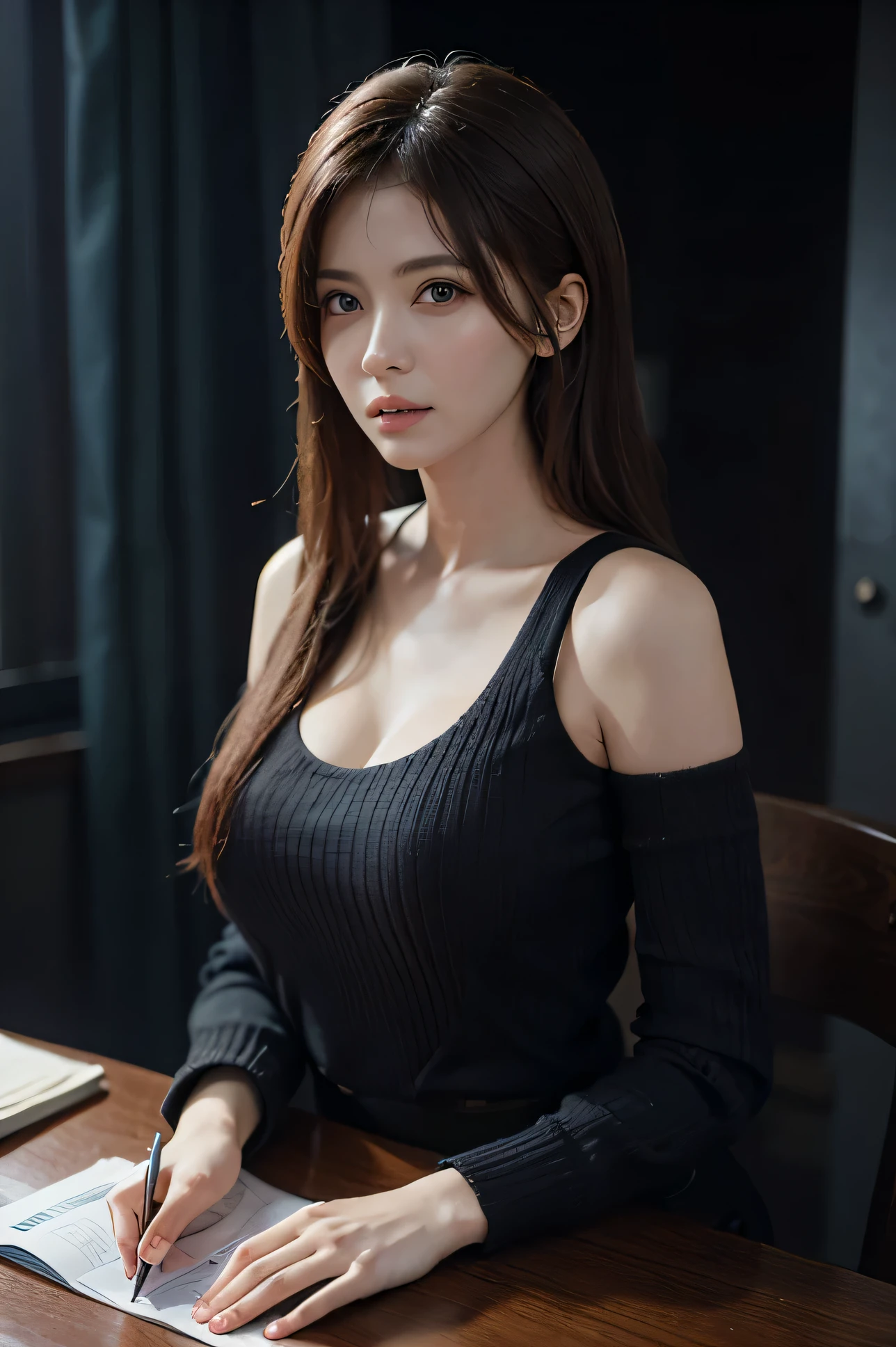 Fantasy art, photorealism, dynamic lighting, artstation, poster, volumetric lighting, very detailed faces, (official uniform: 1.4), long hair, sweater, delicate collarbone, bare shoulders, full breasts, big