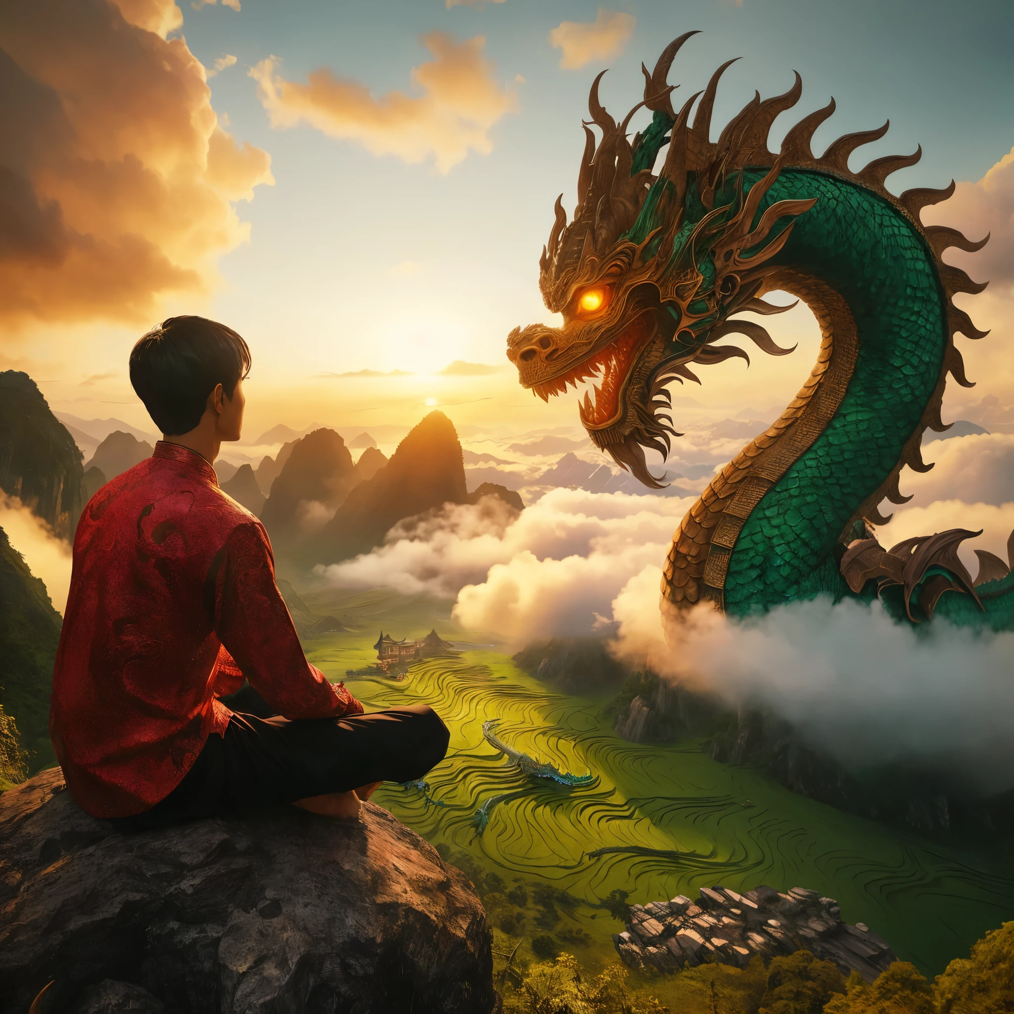 arafed man sitting on a rock with a dragon statue in the background, man with the soul of a dragon, chinese fantasy, ross tran and michael whelan, dragon in the background, god of dragons, ‘raya and the last dragon’ etc, wide angle fantasy art, riding a dragon, chinese dragon concept art, beautiful avatar pictures, realistic fantasy render