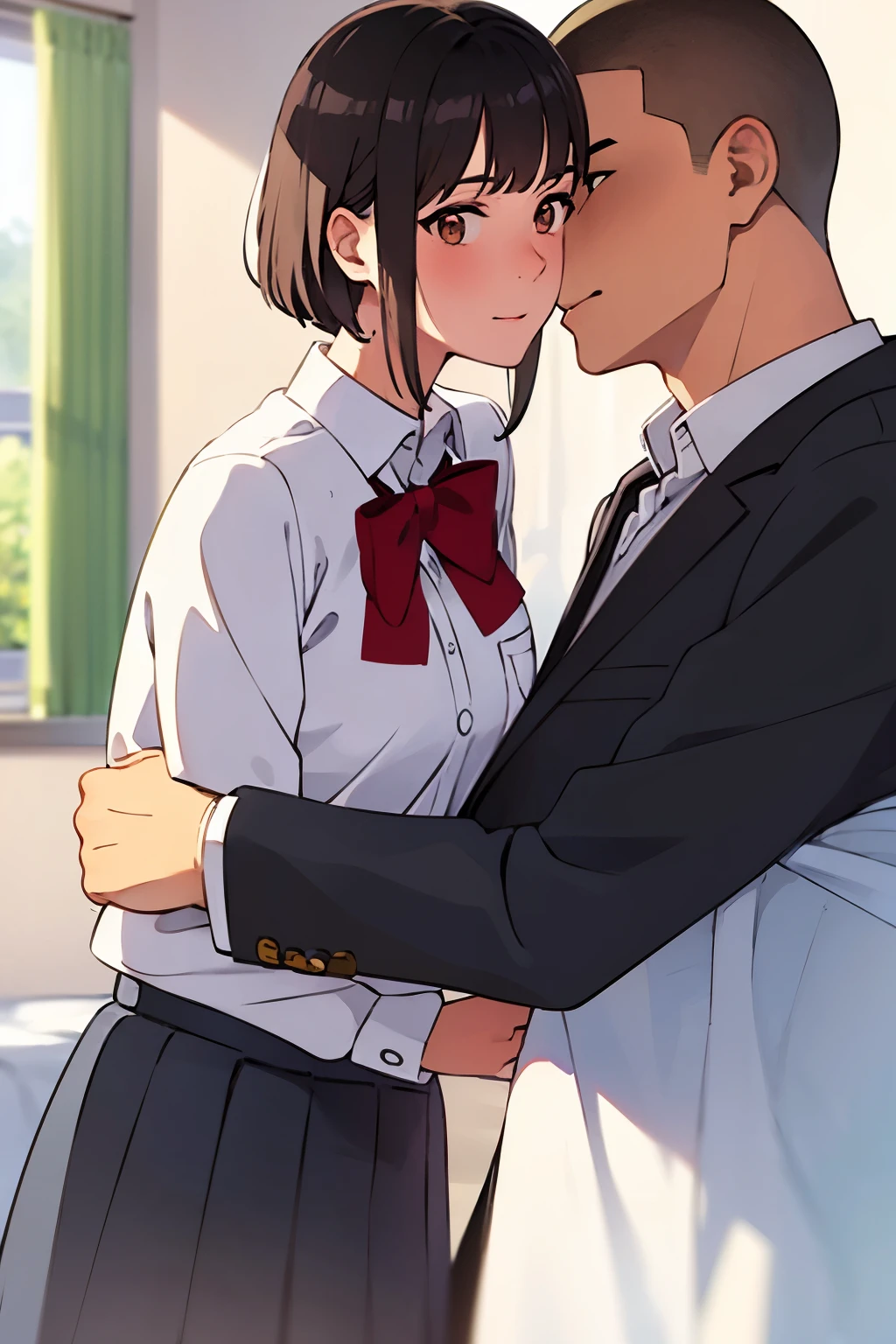 1boy, buzzcut, school uniform,face to face, hug , bear hug, hugging, boy is front of girl, boy hugg, neck kiss, 1girl, school uniform, long sleeved white shirt with a pocket and a red ribbon on the collar, medium breast, shirt tucked down, short hair, black hair, brown eyes, cowboyshot, close up, bedroom, looking at the viewer, skirt,