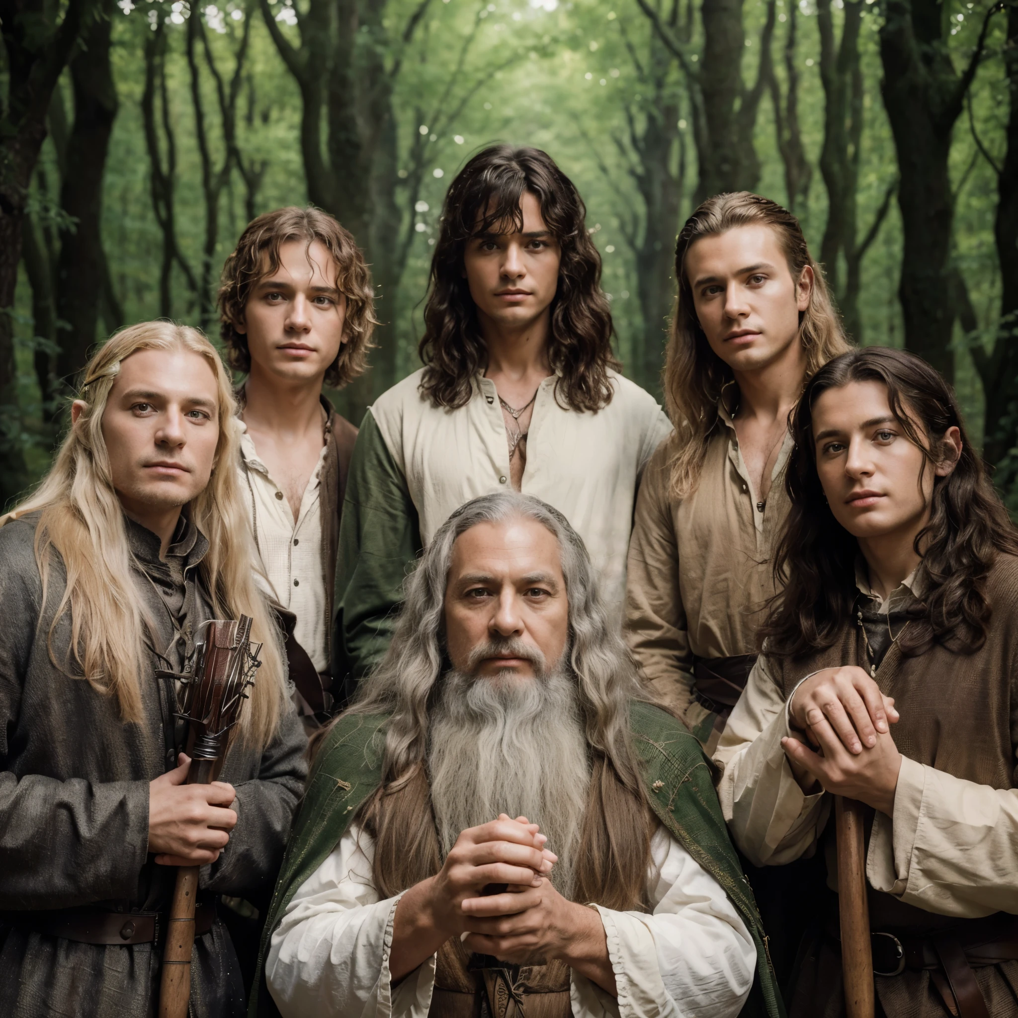 (8K, best quality:1.2), (masterpiece:1.37), (high sharpness) Masterpiece, best quality, (highly detailed photo:1.1),
six people posing in the forest, set in the lord of the rings,