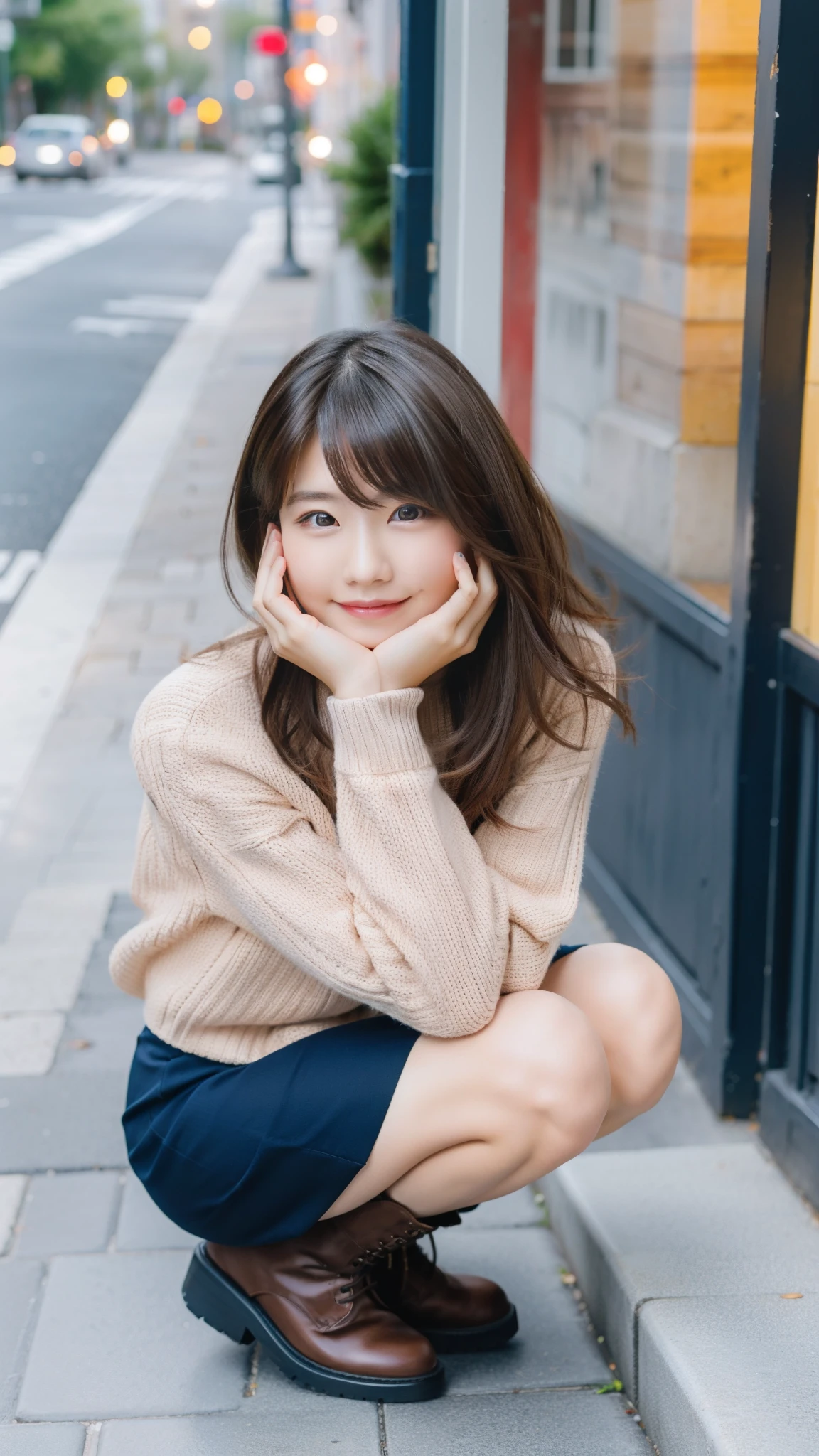 Photo taken by a professional photographer,laughter:1.5,Close-up of a woman squatting on the sidewalk, wearing a sweater, Short-cut brown hair, hair is disheveled,young and cute girl, Wearing a super super super super super super super mini skirt:1.5,Wear stylish boots,sit on a park bench:1.5,Fancy makeup with red eyeshadow,Beautiful thighs are visible,