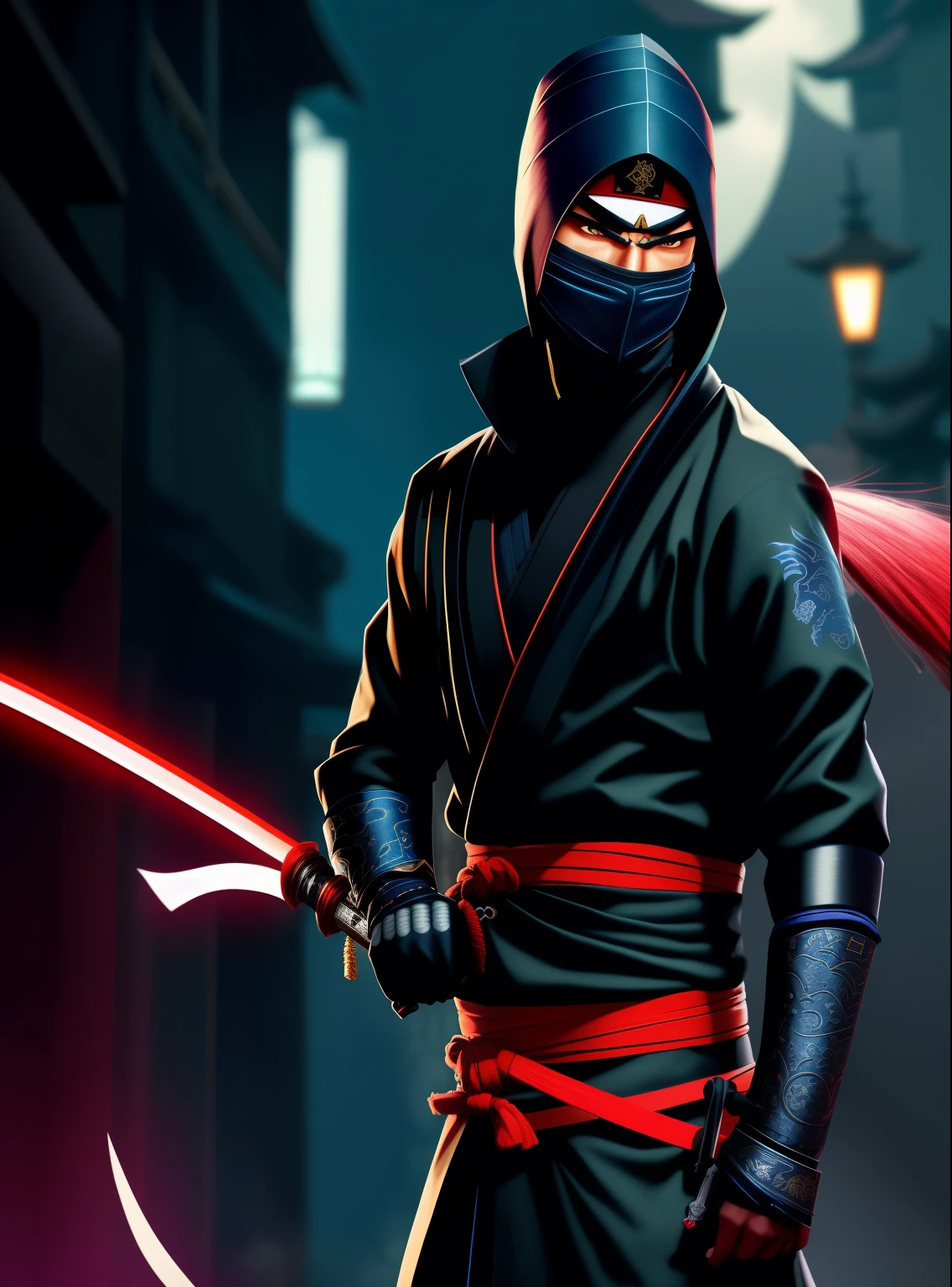 ninja arafiado em roupa de couro preto segurando duas espadas, o ninja vermelho, mystical ninja, epic ninja suit, MK Ninja, Roupa ninja, samurai urbano, ninja with katana of water wave, samurai jedi, gothic ninja, ninja ciborgue, Shinobi, inspirado em Kanō Hōgai, anime foda 8k, samurai ciberpunk, Ronin