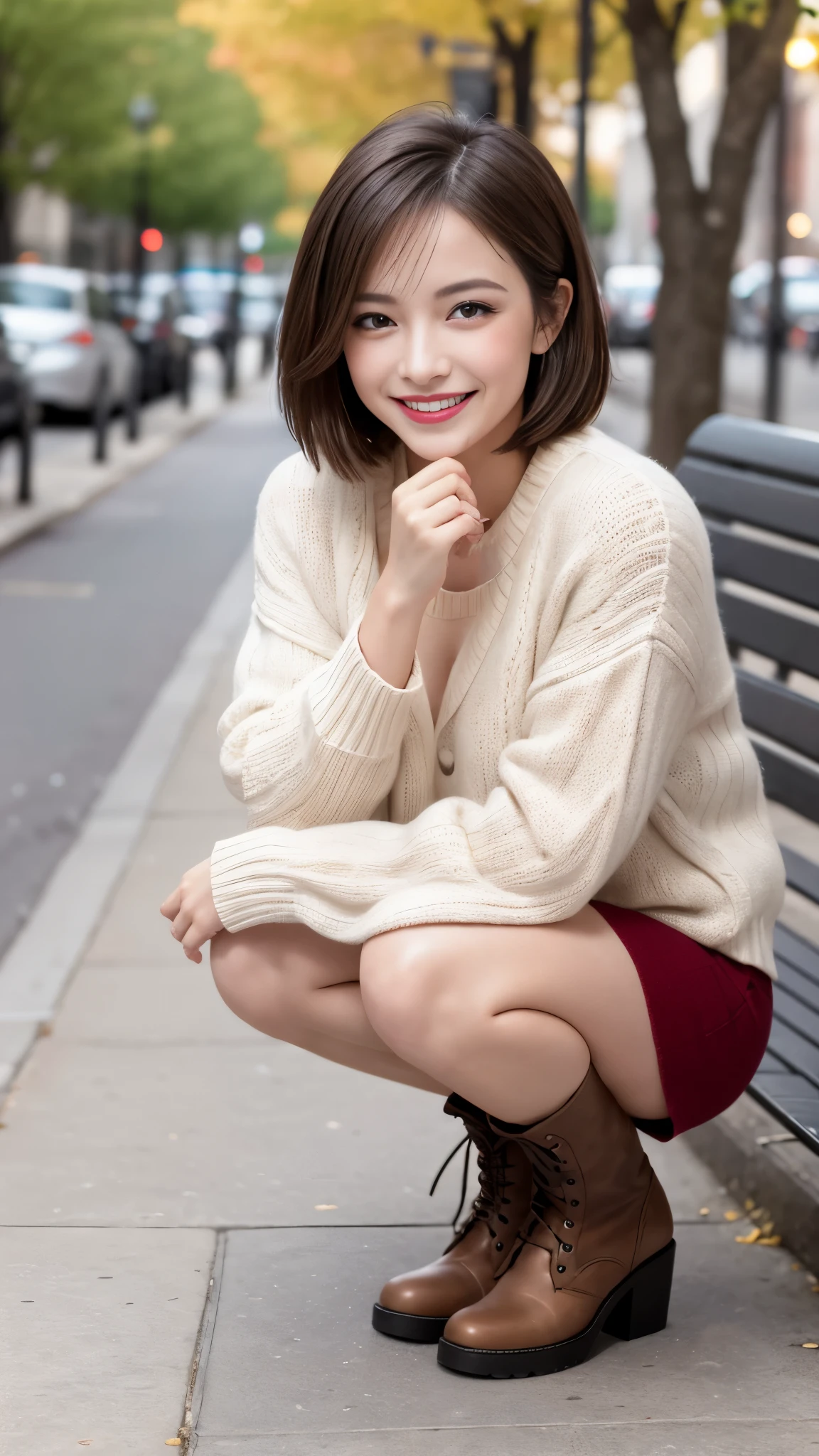 Photo taken by a professional photographer,laughter:1.5,Close-up of a woman squatting on the sidewalk, wearing a sweater, Short-cut brown hair, hair is disheveled,young and cute girl, Wearing a super super super super super super super mini skirt:1.5,Wear stylish boots,sit on a park bench:1.5,Fancy makeup with red eyeshadow,Beautiful thighs are visible,
