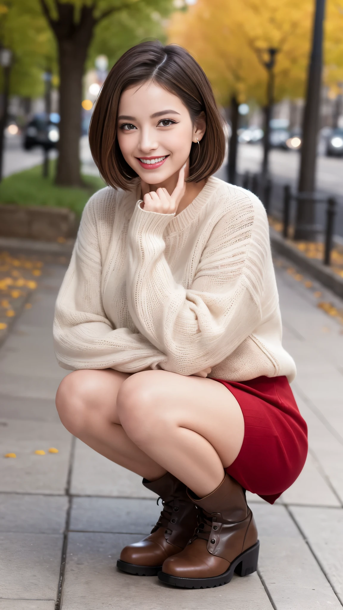 Photo taken by a professional photographer，laughter:1.5，Close-up of a woman squatting on the sidewalk, wearing a sweater, Short-cut brown hair, hair is disheveled，young and cute girl, Wearing a super super super super super super super mini skirt:1.5，Wear stylish boots，sit on a park bench:1.5，Fancy makeup with red eyeshadow，Beautiful thighs are visible，
