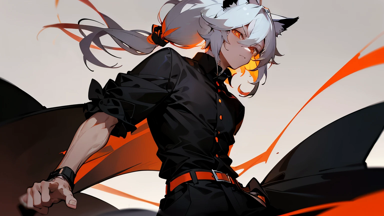 Male, mature adult, black pants, black attire, fluffy coat, somewhat tight button-up shirt, short sleeves, broad shoulders, black and orange-red belt, short and fluffy hair, white hair, long double pigtail bangs, fox ears, simple background, bands on wrist, strong and toned body, mature face, thin eyes, marks around eyes