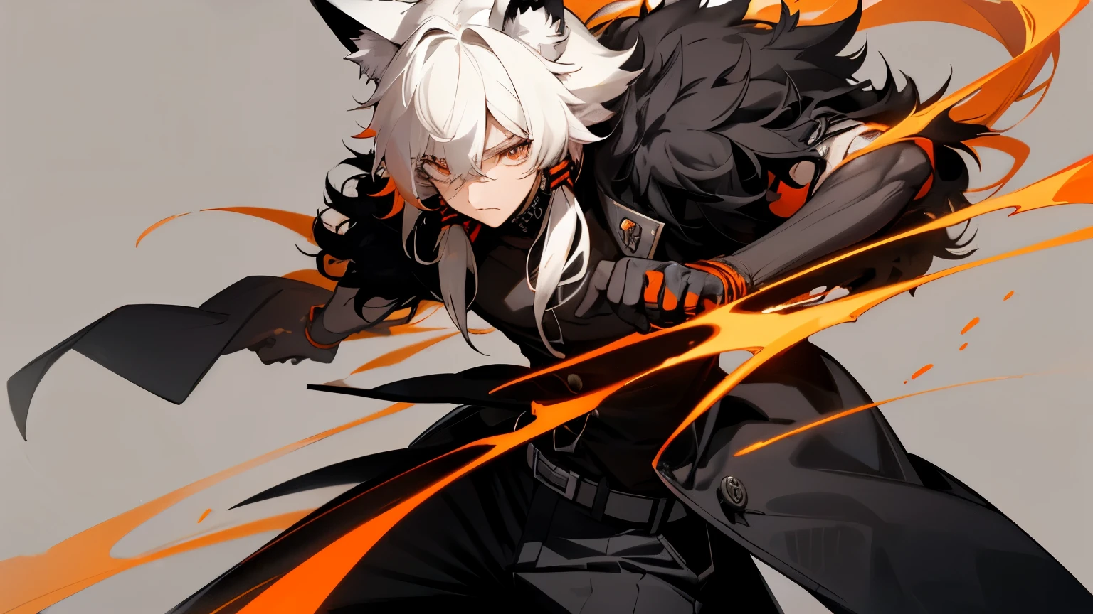 Male, mature adult, black pants, black attire, fluffy coat, somewhat tight button-up shirt, short sleeves, broad shoulders, black and orange-red belt, short and fluffy hair, white hair, long double pigtail bangs, fox ears, simple background, bands on wrist, strong and toned body, mature face, thin eyes, marks around eyes