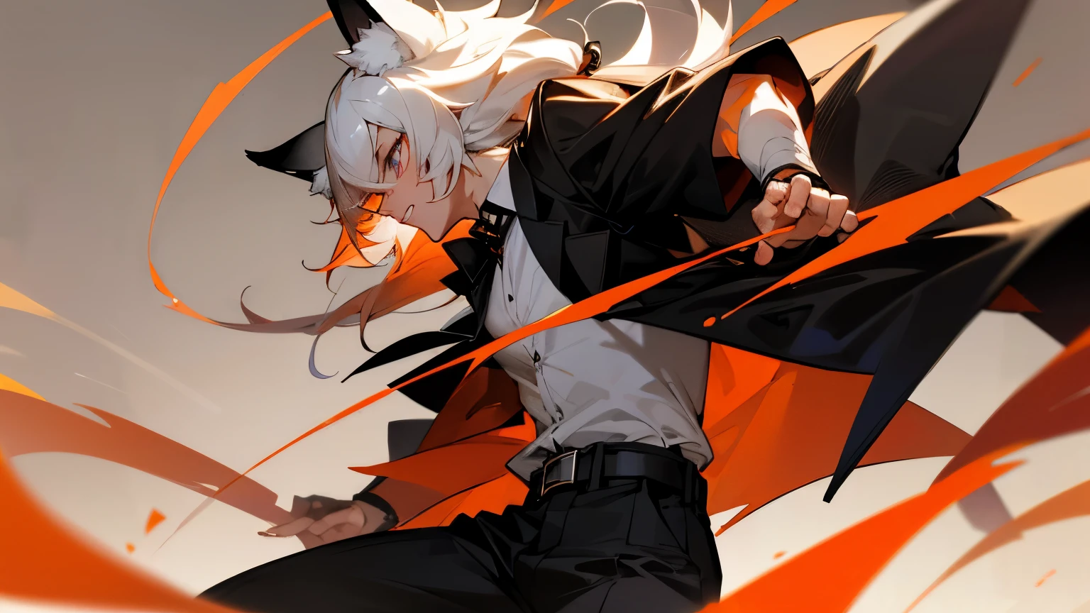 Male, mature adult, black pants, black attire, fluffy coat, somewhat tight button-up shirt, short sleeves, broad shoulders, black and orange-red belt, short and fluffy hair, white hair, long double pigtail bangs, fox ears, simple background, bands on wrist, strong and toned body, mature face, thin eyes, marks around eyes