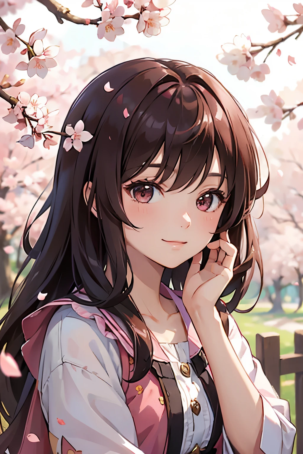 masterpiece,best quality, 1girl, solo, slight smile, slight smile, cherry blossom, sunlight dapple, falling cherry petals, enjoying, brown hair,,