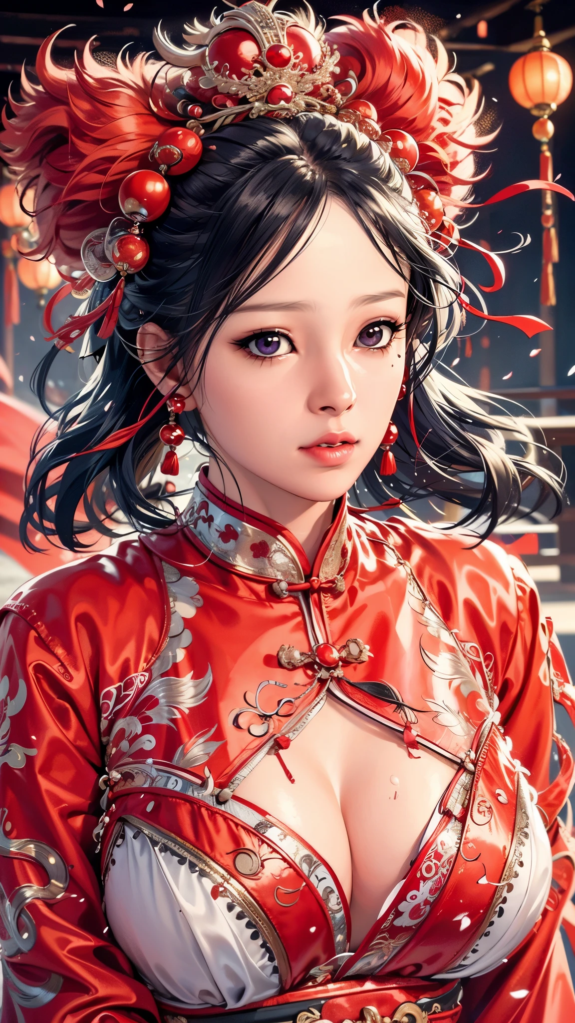 (((完美figure,figure,red hanfu,Winter Hanfu,Chinese clothes,red clothes,red background,dragon,(Chinese fabric:1.2), hanfu, Dragon and girl,dragon帽兜,xuer lion head,Dragon,long hair,black hair,hair accessories,Chinese clothing,lantern,Oriental Dragon,(((ailisha,Brown pupils,1girl,solo,long black hair,Bangs ))),(((wide hips))),S型figure:1.7))),((masterpiece)),high resolution, ((Best quality at best)),masterpiece,quality,Best quality,((( Exquisite facial features,looking at the audience,There is light in the eyes,blush,shy,Happy,laughing out loud))),(((Light and shadow interlace,huge ))),(((looking into camera,)))