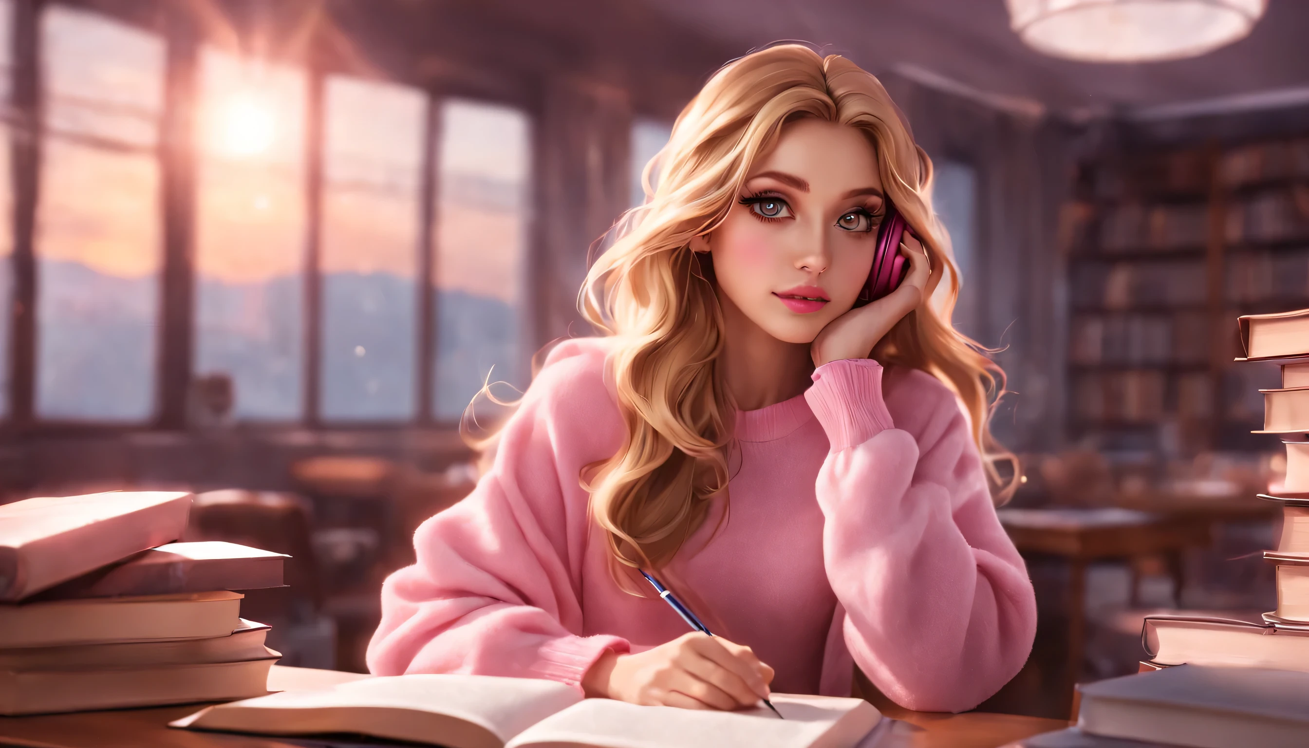 The most beautiful girl, golden long hair, pink sweater, lower camera angle, magic, fantasy, 8K resolution, cinematic, big perfect eyes, beautiful makeup, detailed eyes and face, big beautiful lips, pink lipstick, half-length, Mysterious, studying in a study room and wearing headphones, taking notes in a book, her eyes are on the book. There are various study materials in front of her, Mysterious, pink jeans, sunrise, rays of light, harmony of light and shadows, cinematic lighting, background window with sunrise, long shot, Hyperdetailed, High definition.