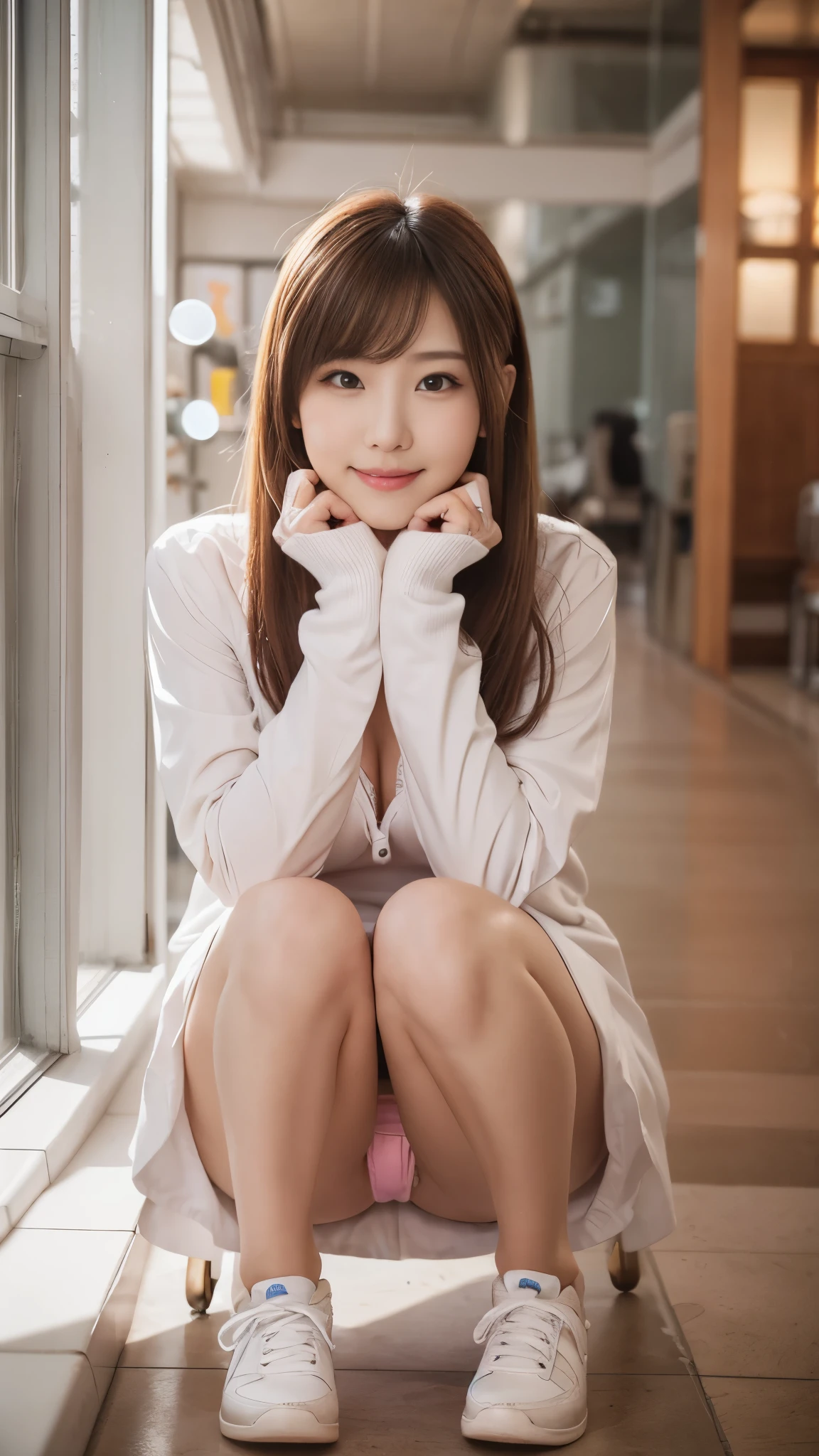 (NSFW:0.9), 1 girl,nurse,25 year old beautiful woman,alone, Hospital corridor,Best Smile, small breasts, white trench coat nurse uniform,open clothes, slender body shape,small pink lace bra:1.5,small pink lace panties:1.5,Fancy makeup with red eyeshadow,Brown short cut with side waves,sitting on a chair in a hospital examination room,