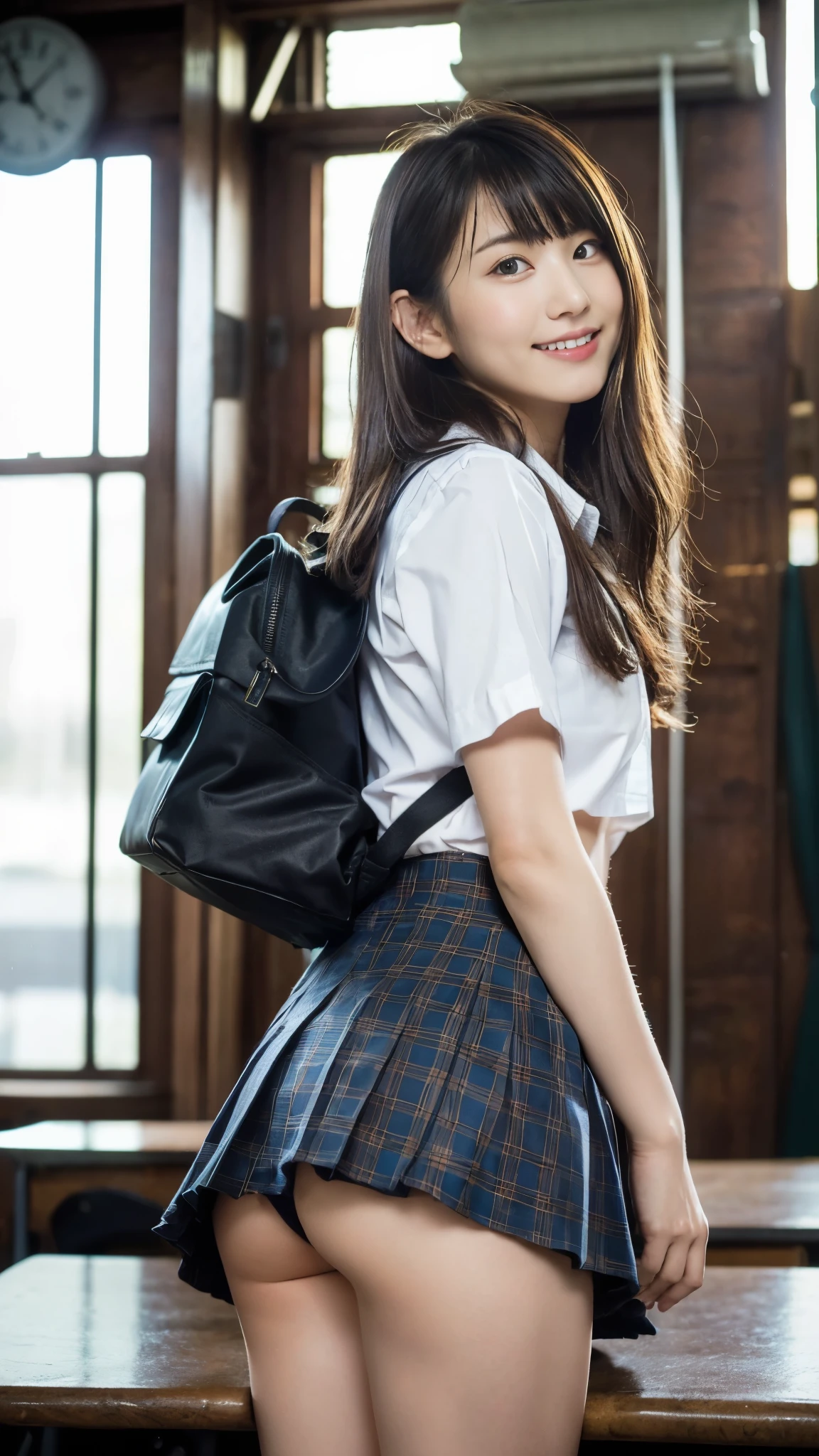 Stand in the classroom of school2fashi-girl,red tie uniform,Dark Blue Closed Blazer,Blue plaid mini skirt:1.2,18-year-old,bangs,a little smile,thighs,knees,from below,random pose,pretty girl,slender girl,white panties:1.5,blonde with short cut:1.5,Side waves with a short cut,Carrying a black rucksack,