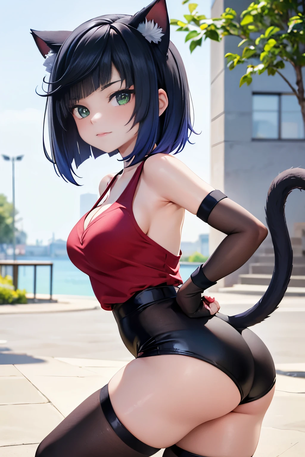 a woman, 26 years old, ass facing the public, showing her ass, cat pose, cat ears, short hair, wearing cat glove, perfect body, sensual cleavage, medium breasts, red cat shirt, wearing tight black shorts , sexy shorts, vinyl shorts, Ultra HD, 4k image, best image quality, (fidelity: 1.4), photoreal, light green eyes, eyelashes, beautiful pupil, shadows, slight blush, delicate facial features, reasonable facial features , exposed waist, natural poses, just one character