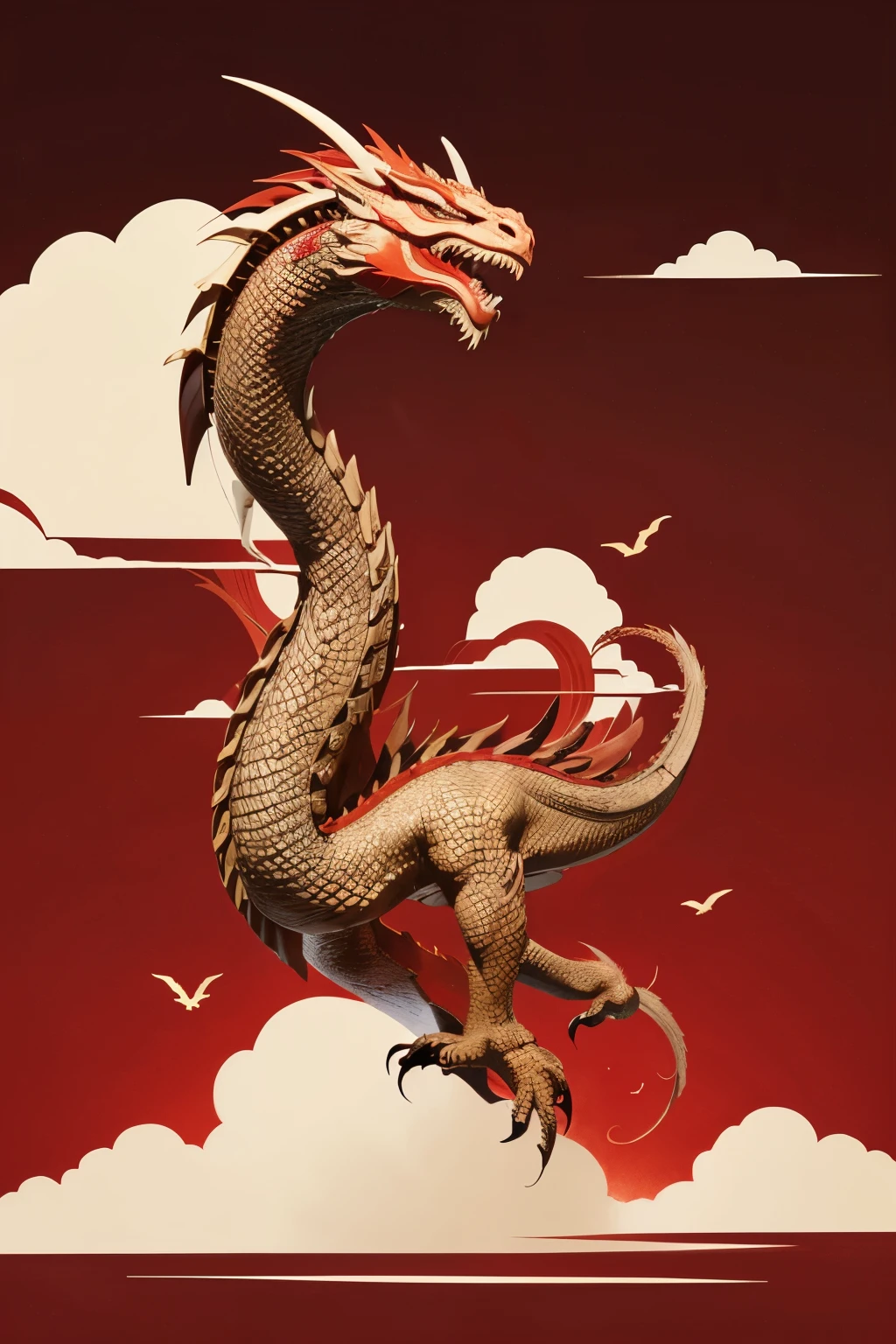 A traditional Chinese dragon from ancient times in a red textured background, gentle dragon, with a cut panel on the background of clouds in the sky, dark white and light brown, elegant and balanced, with a flat composition