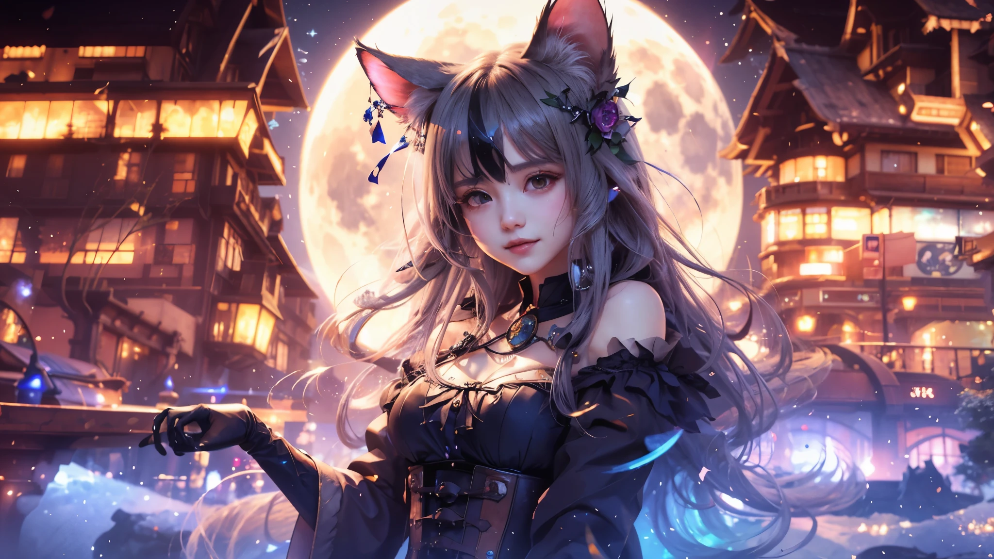 (high quality、8K、ultra hd,dark fantasy,Anime girl with long hair and cat ears standing in front of the earth, The background is buildings from the moon world.、mysterious、Smile、)、Nightcore, very beautiful anime cat girl, Beautiful anime cat girl, Perfect build、progressive house、by Yan J, Trending on ArtStation pixiv、digital painting、concept art、3D lighting、metal reflection、2D rendering、art germ、ArtStat Trends