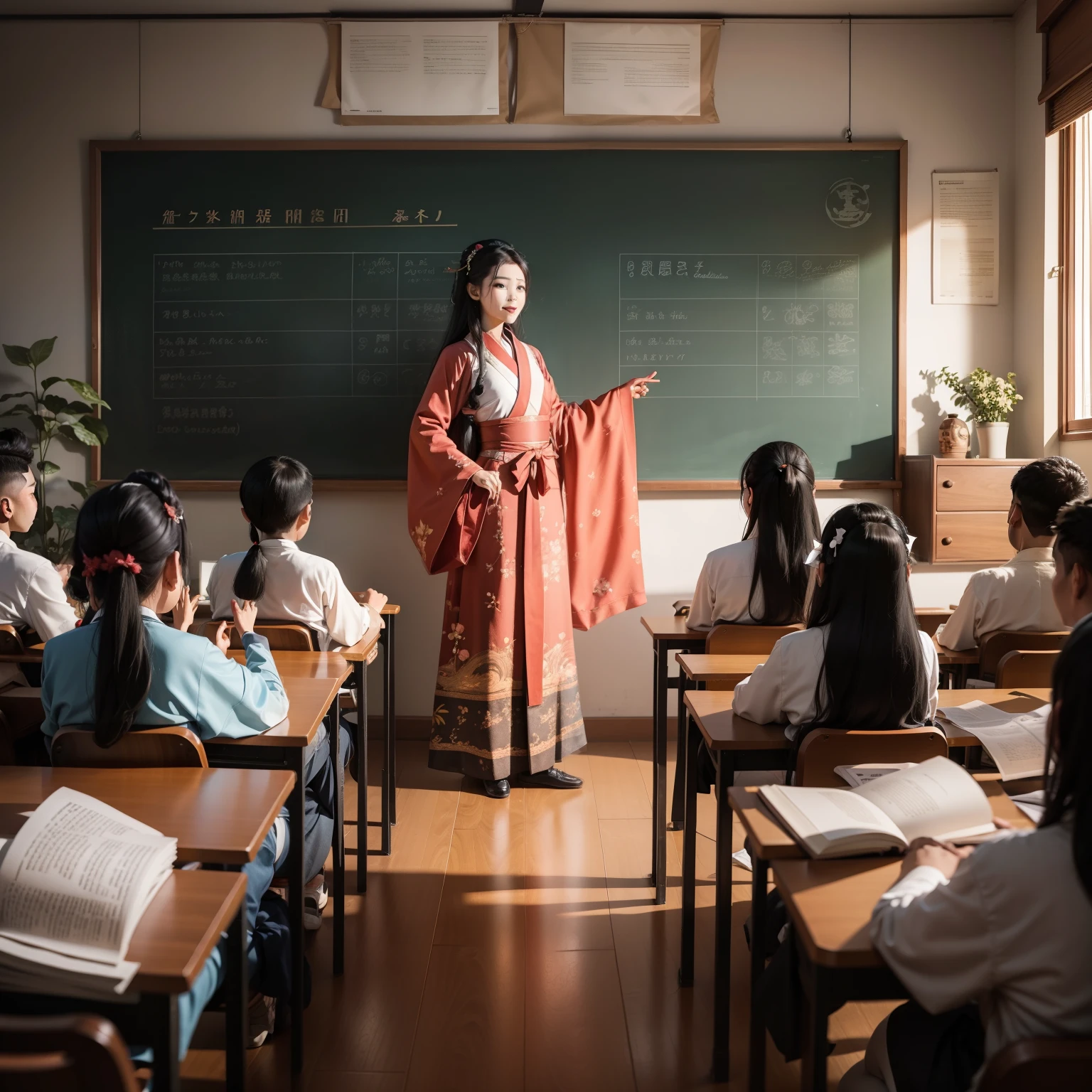 A young boy with，Children Thai school uniform, teachers Hanfu costume ，Teacher's Day，Holiday poster，cheerfulness，ssmile，Chinese New Year