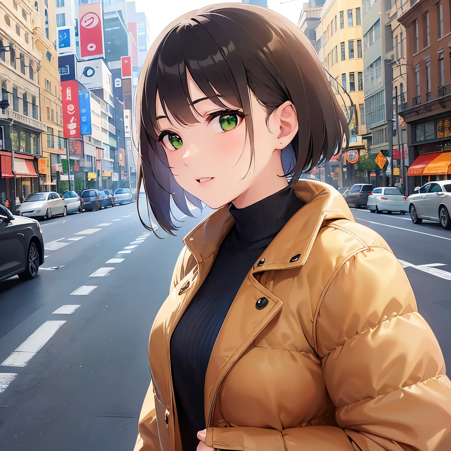 (looking away:1.5), Arms outstretched, side angle, Realistic, real person, RAW photo, photorealistic, portrait photography, shiny skin, japanese idol、(20 year old woman with bangs), (green eyes:1.5) and (brown hair) and (bob cut) and (wavy hair), (beige Down Jacket:1.5)、Wearing a black turtleneck sweater、(scared:1.3), Alone、The background is the building street outside