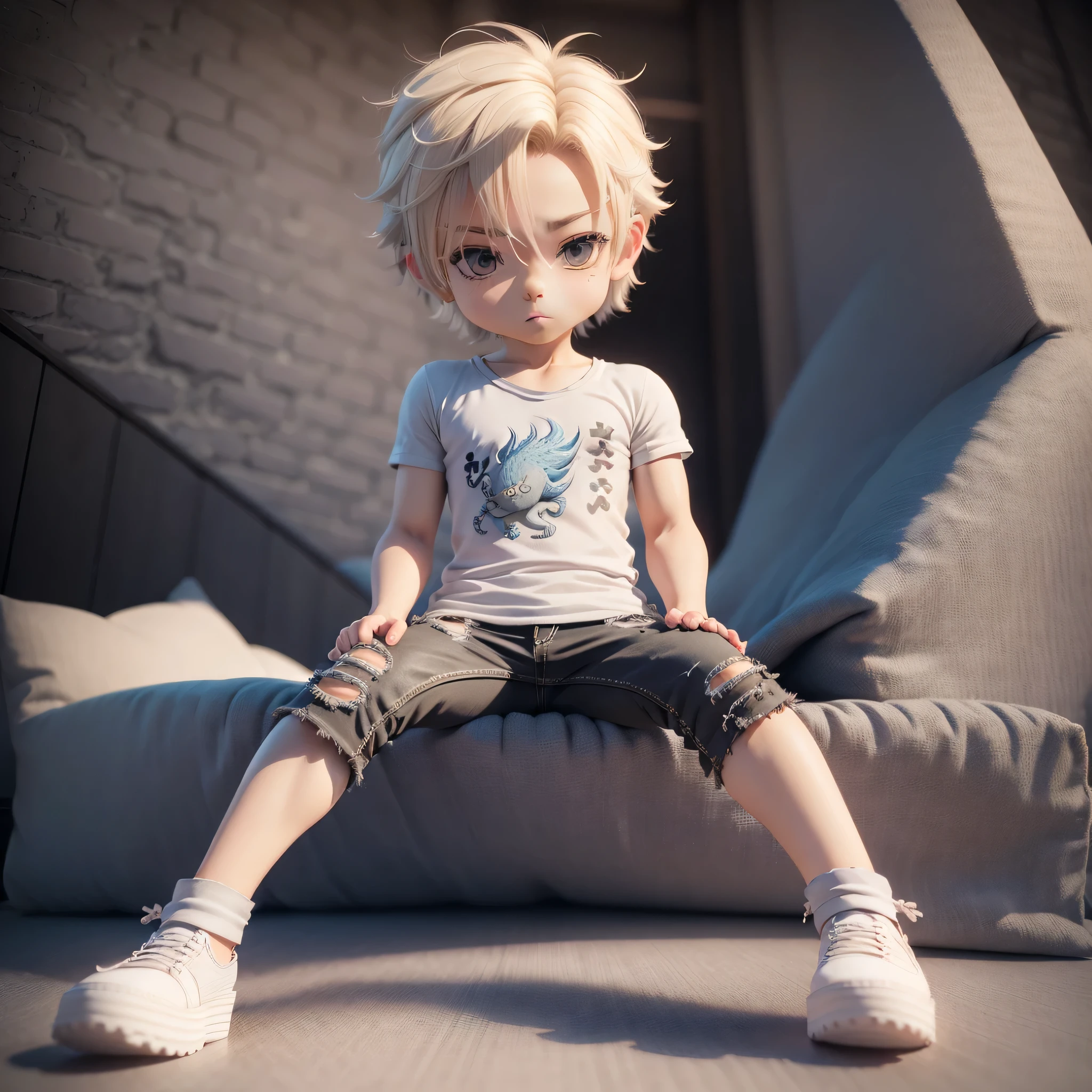 (((chibi3d))),a very cute and beautiful male boy solo/ a blond,Ash color,Soft Regent,Dragon embroidered skajans,Doweled damaged jeans,